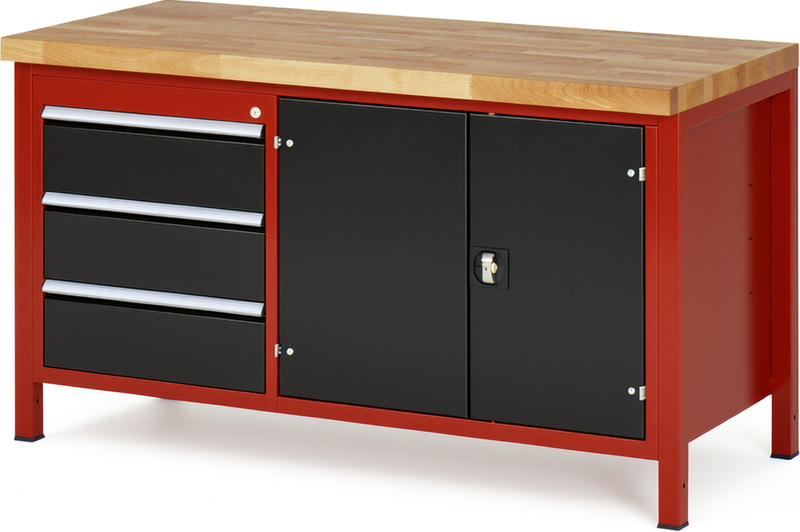 Werkbank Modell 8904 rot - schwarz, BxTxH 1500x700x840 mm,  Buche-Massiv Arbeitsplatte 40 mm,  3 Schubladen mit  Vollauszug 100 % und  SoftClosing