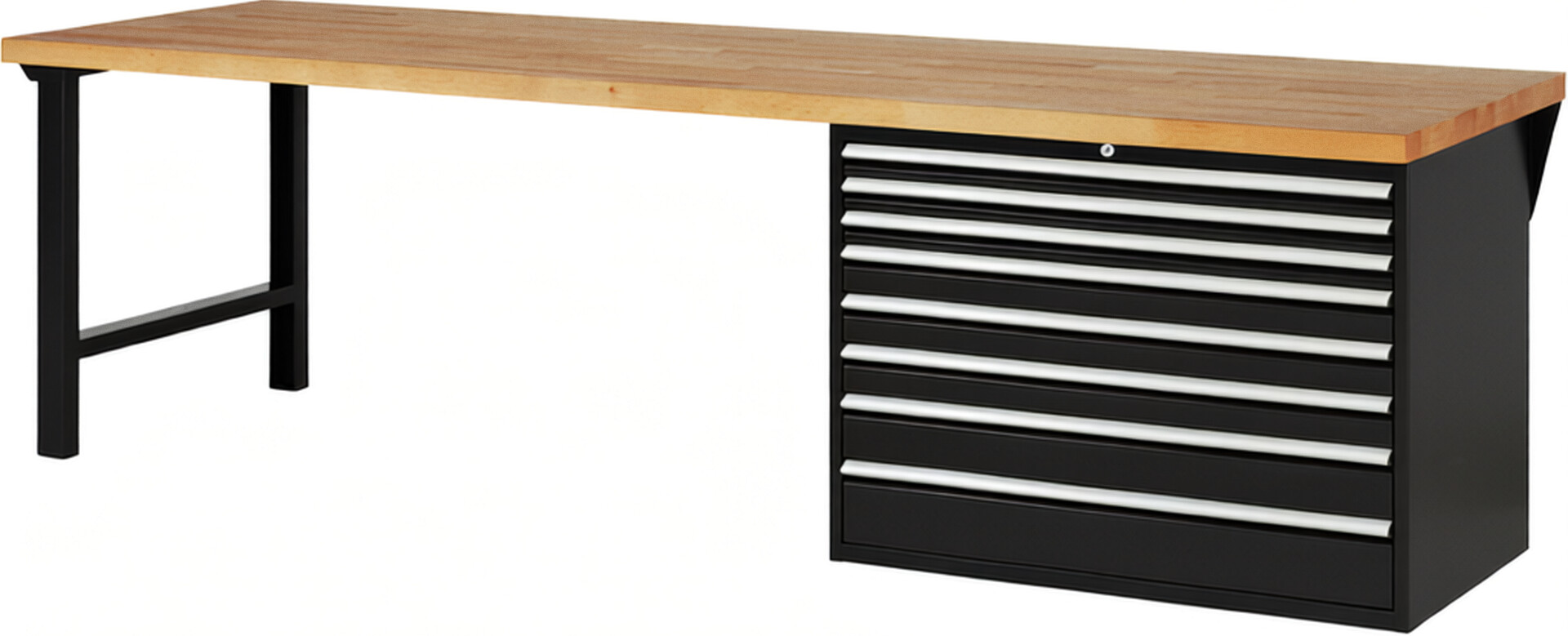 Werkbank Modell 7719 schwarz, BxTxH 3000x900x840 mm,  Buche-Massiv Arbeitsplatte 40 mm,  8 Schubladen mit  Vollauszug 100 % und  SoftClosing