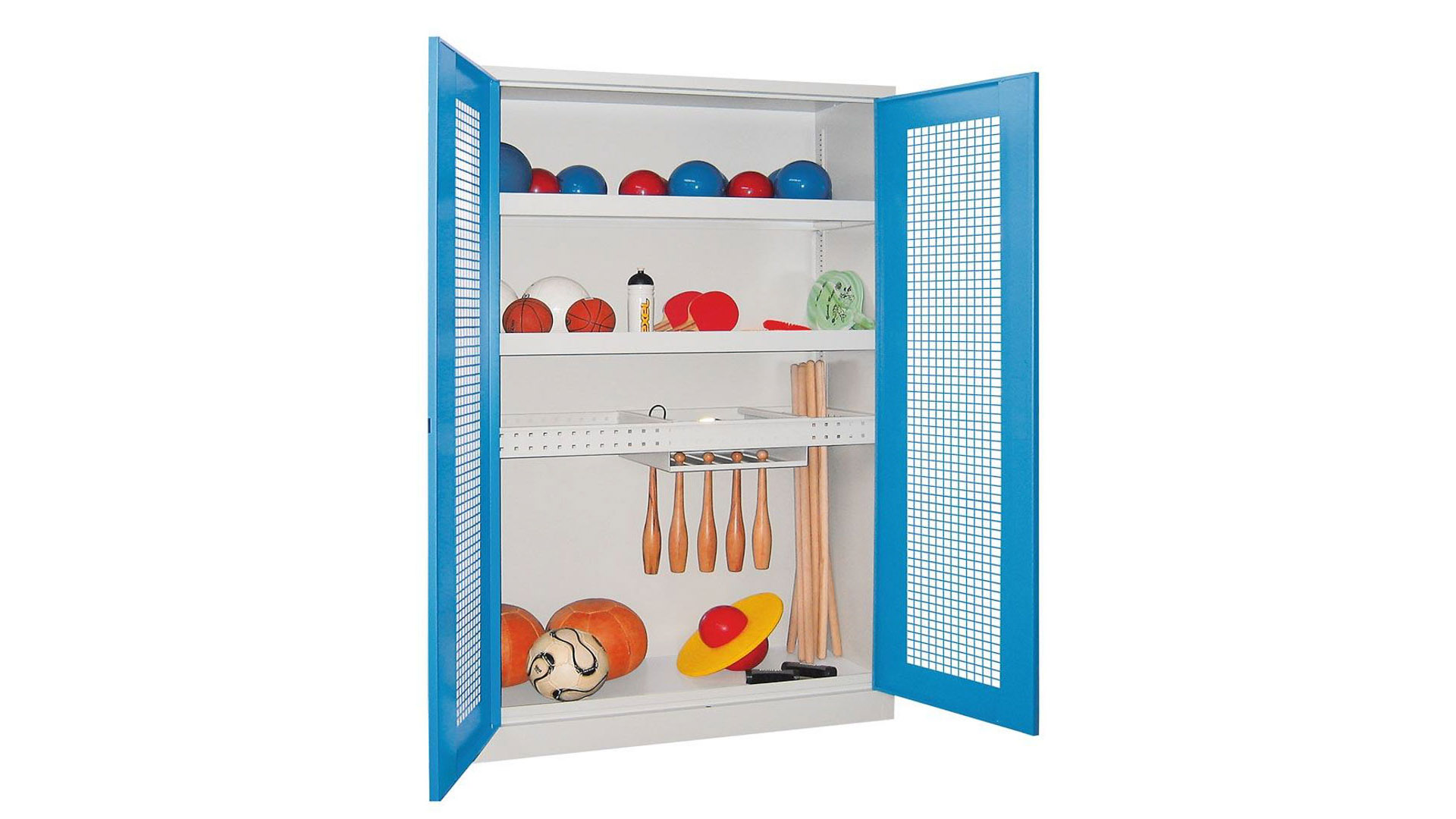 Sportschrank - Lochfeldtüren - Variante 2 - 1.950x1.200x500 mm (HxBxT) - lichtgrau/lichtblau