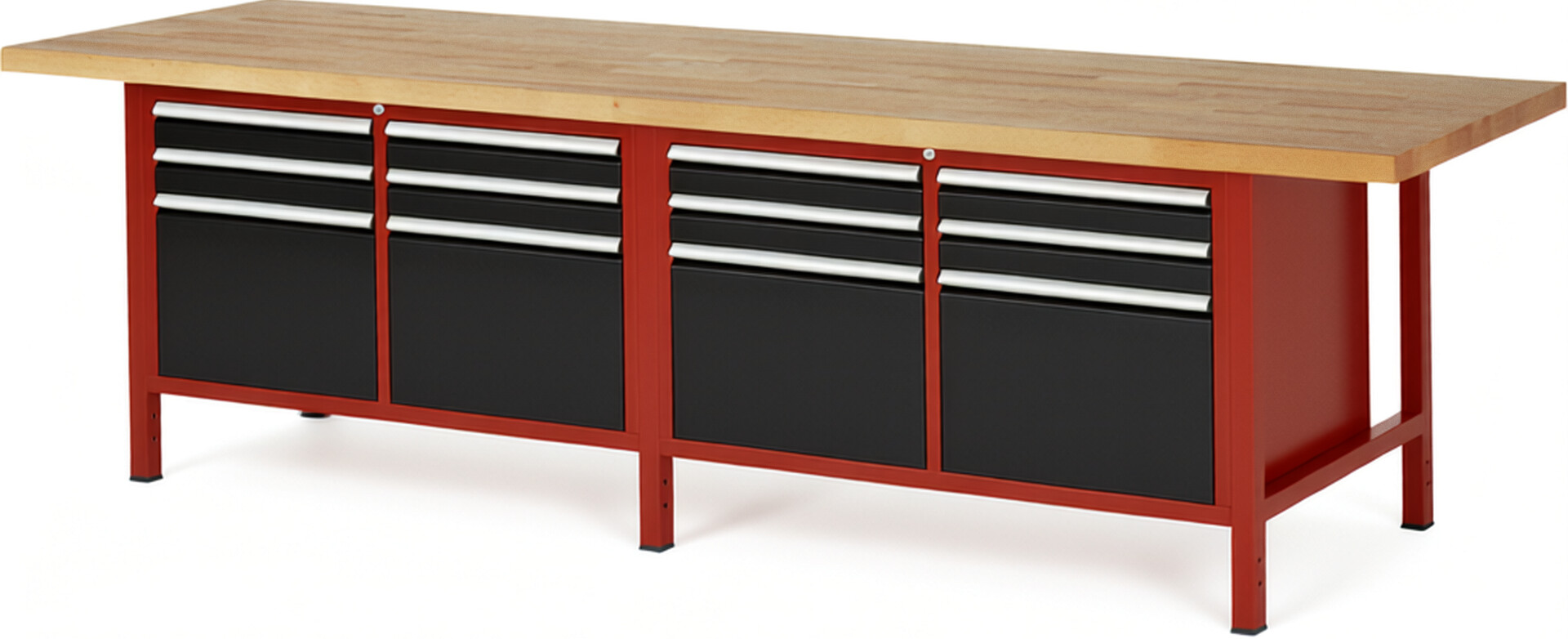 Werkbank Modell 8474 rot - schwarz, BxTxH 3000x900x840 mm,  Buche-Massiv Arbeitsplatte 40 mm,  12 Schubladen mit  Vollauszug 100 % und  SoftClosing