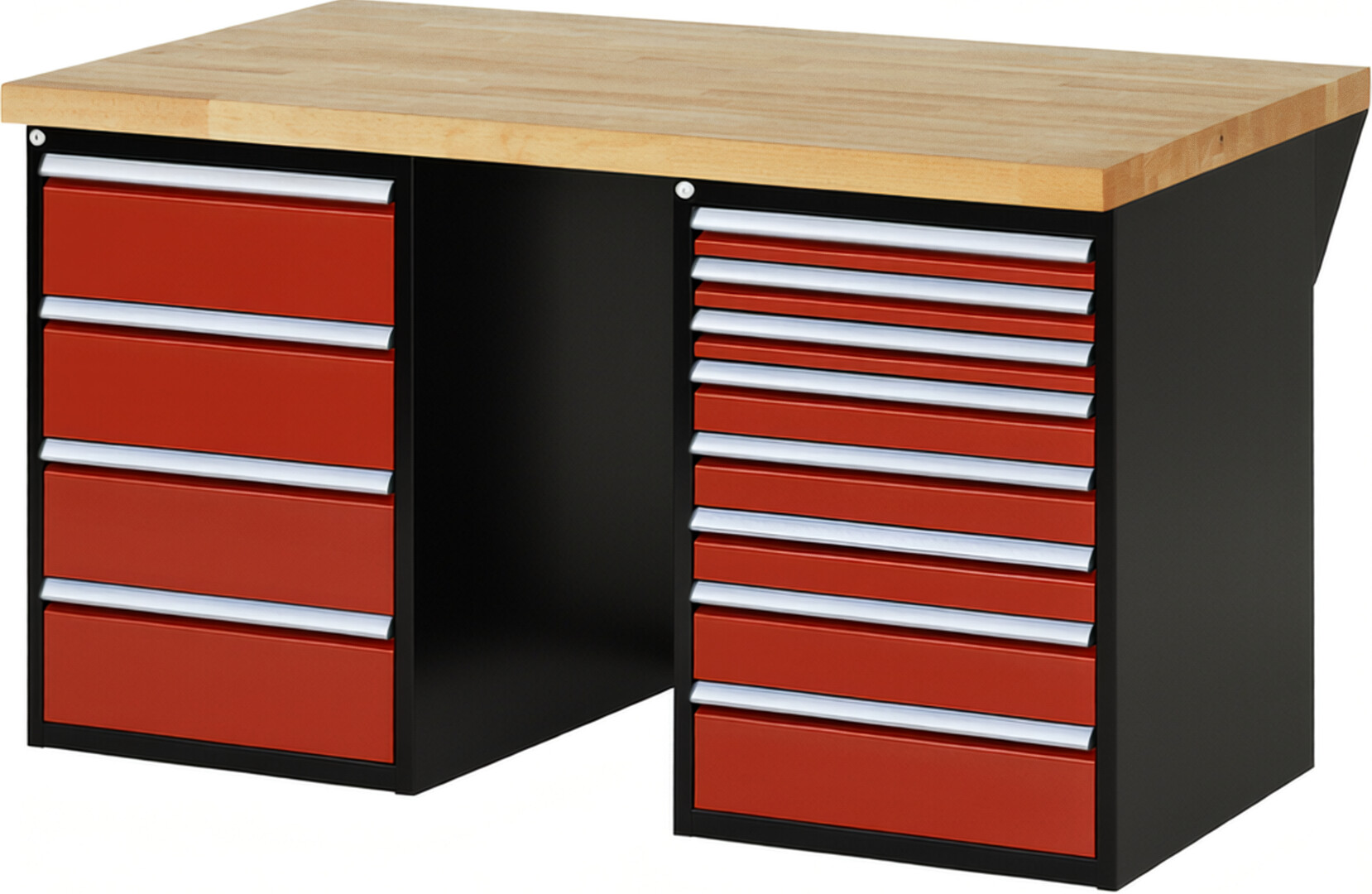 RAU Werkbank schwarz - rot - Breite 150 cm - Tiefe 90 cm - Höhe 89 cm - Buche-Massiv Arbeitsplatte 40 mm