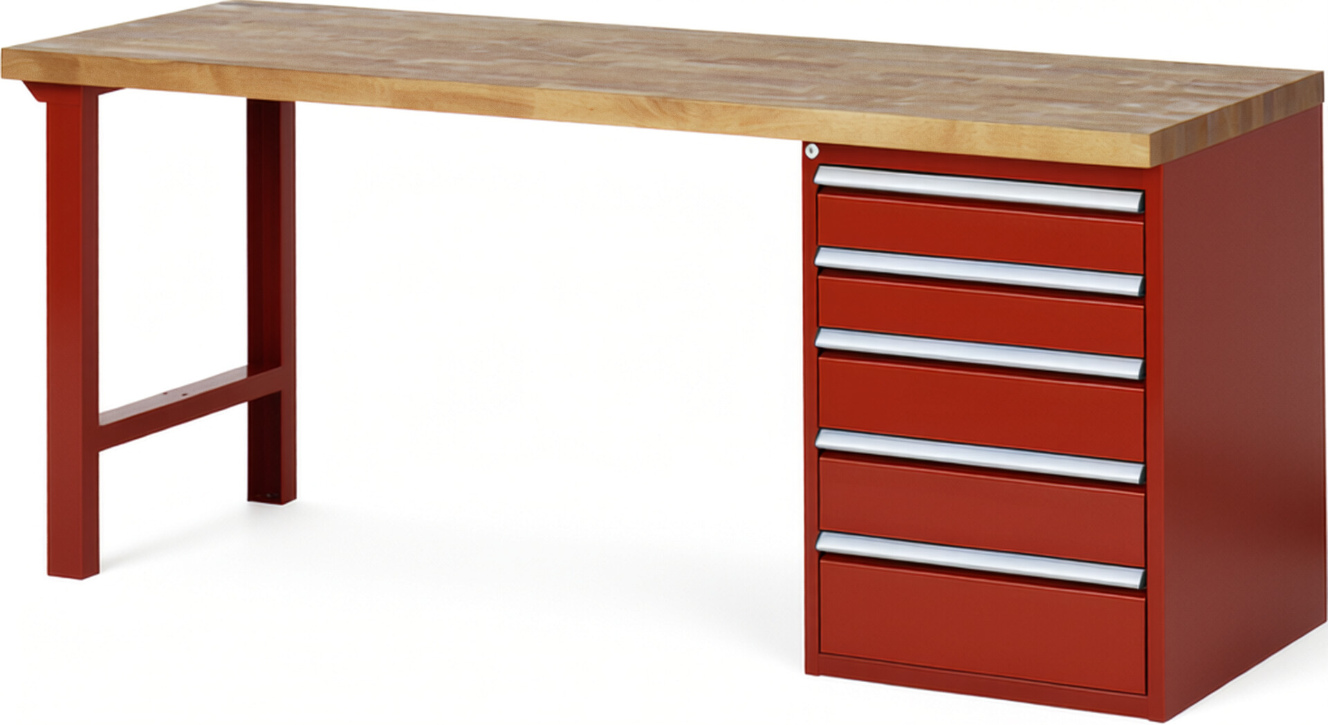 Werkbank Modell 7513 rot, BxTxH 2000x700x890 mm,  Buche-Massiv Arbeitsplatte 40 mm,  5 Schubladen mit  Vollauszug 100 % und  SoftClosing