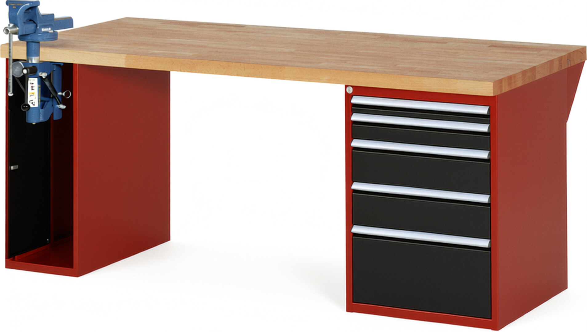 Werkbank Modell 7511 rot - schwarz, BxTxH 2000x900x890 mm,  Buche-Massiv Arbeitsplatte 40 mm,  5 Schubladen mit  Auszug 90 %