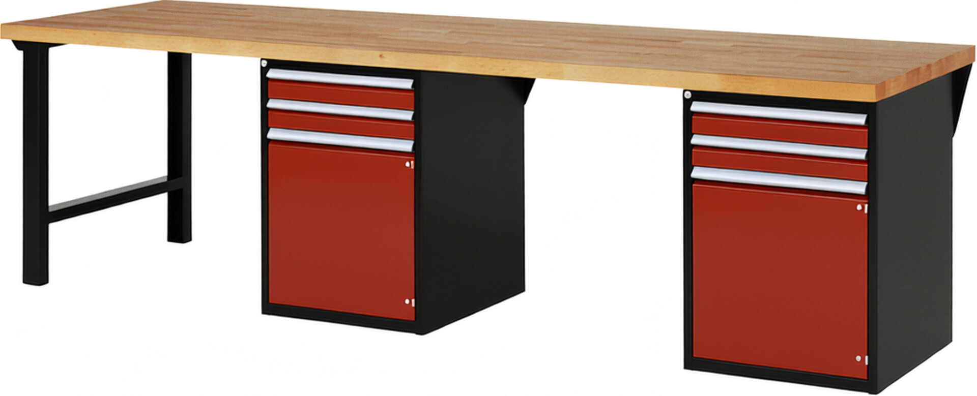 RAU Werkbank schwarz - rot - Breite 300 cm - Tiefe 90 cm - Höhe 89 cm - Buche-Massiv Arbeitsplatte 40 mm