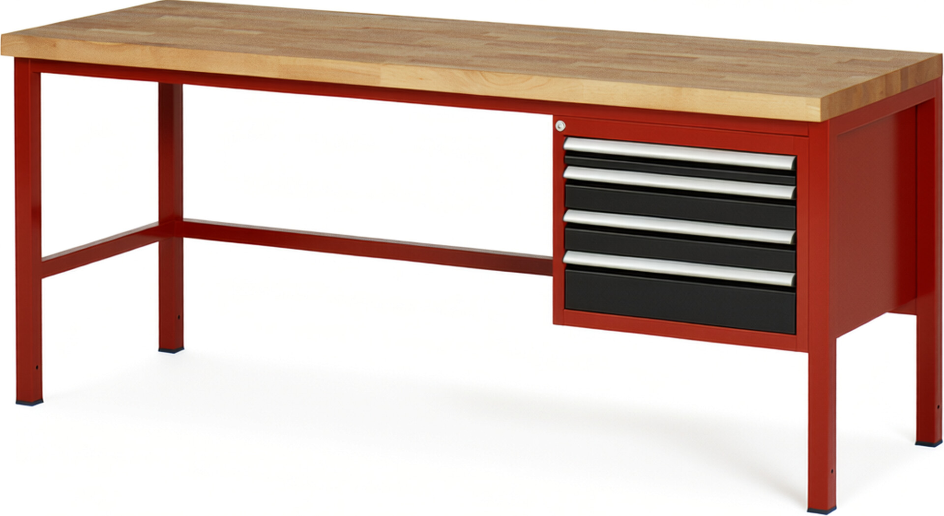 Werkbank Modell 8132 rot - schwarz, BxTxH 2000x700x840 mm,  Buche-Massiv Arbeitsplatte 40 mm,  4 Schubladen mit  Auszug 90 %