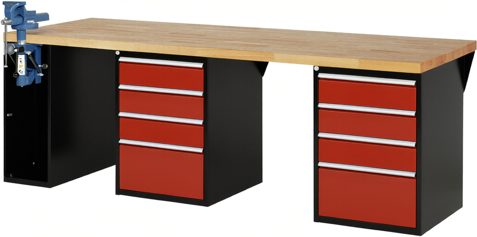 RAU Werkbank schwarz - rot - Breite 250 cm - Tiefe 90 cm - Höhe 89 cm - Buche-Massiv Arbeitsplatte 40 mm