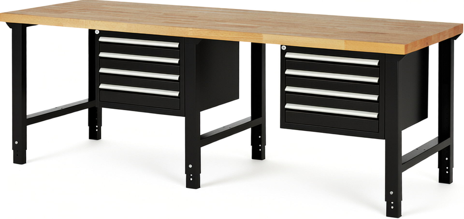 Werkbank Modell 7133 schwarz, BxTxH 2500x900x790-1140 mm,  Buche-Massiv Arbeitsplatte 40 mm,  8 Schubladen mit  Vollauszug 100 % und  SoftClosing