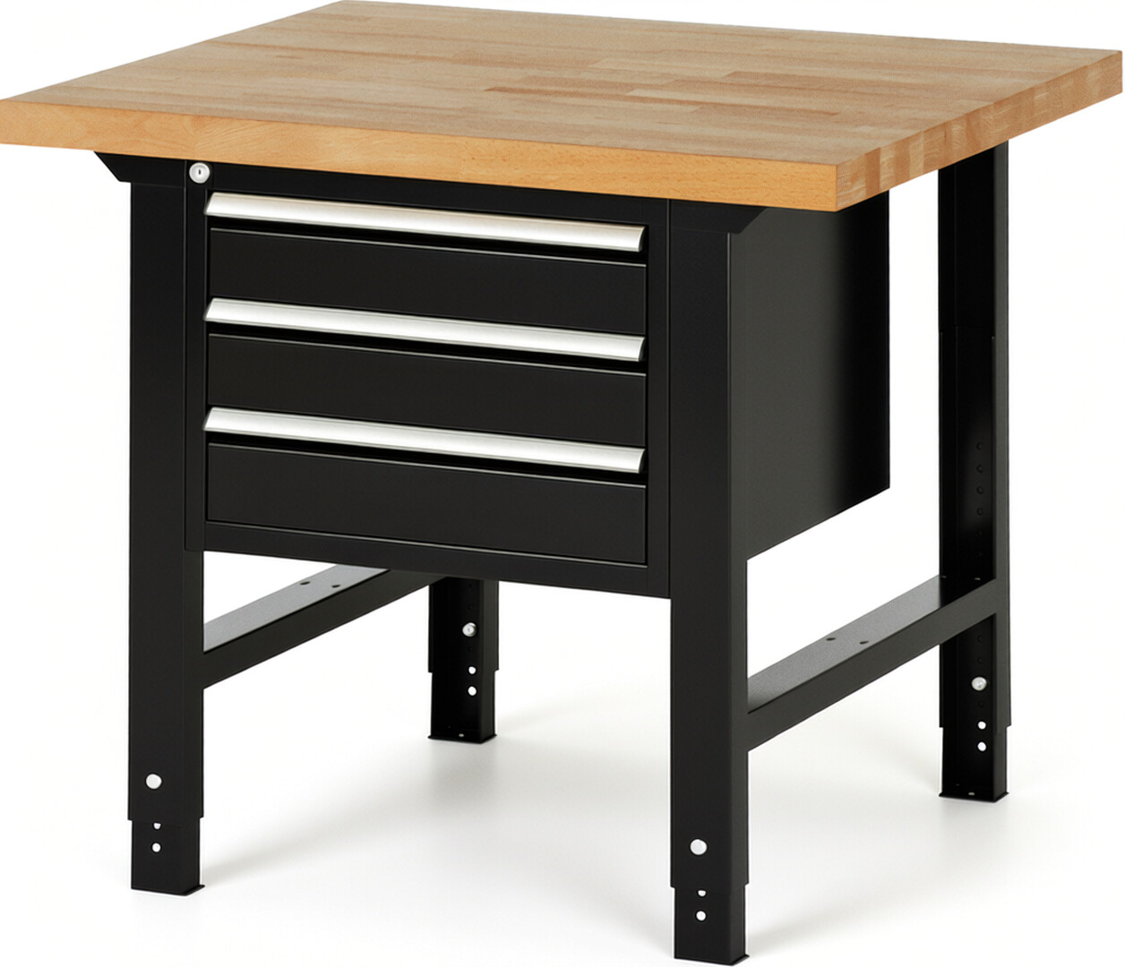 Werkbank Modell 7127 schwarz, BxTxH 1000x900x790-1140 mm,  Buche-Massiv Arbeitsplatte 40 mm,  3 Schubladen mit  Auszug 90 %
