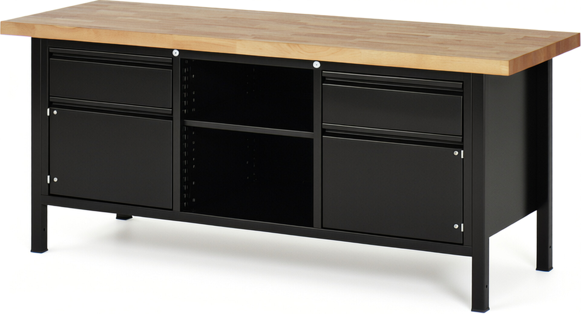 Werkbank schwarz, BxTxH 2000x700x840 mm, Platte Buche 40 mm mit Deckfunier, 2 Schubladen 180 mm, 2 Türen 360 mm, 1 Fachboden, RAL 9011/9011