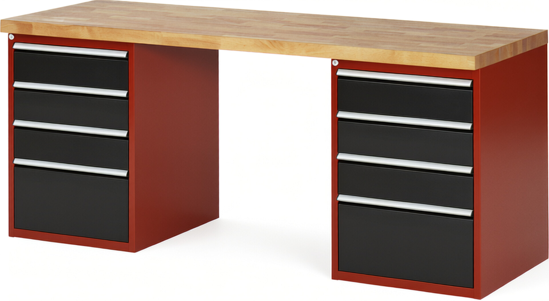 Werkbank Modell 7510 rot - schwarz, BxTxH 2000x700x890 mm,  Buche-Massiv Arbeitsplatte 40 mm,  8 Schubladen mit  Auszug 90 %