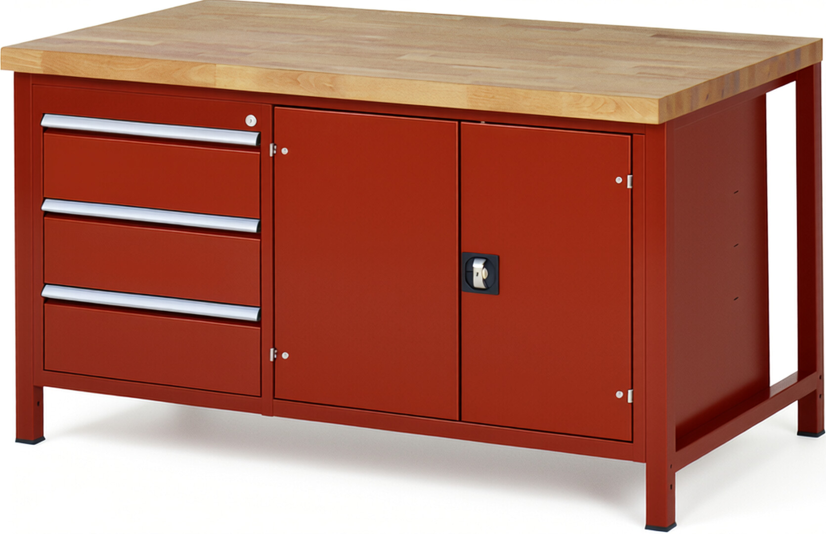 Werkbank Modell 8904 rot, BxTxH 1500x900x840 mm,  Buche-Massiv Arbeitsplatte 40 mm,  3 Schubladen mit  Vollauszug 100 % und  SoftClosing