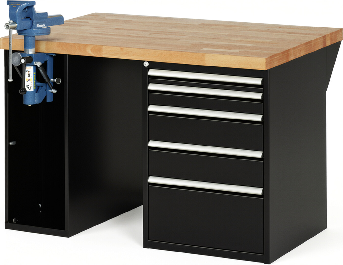 Werkbank Modell 7511 schwarz, BxTxH 1250x900x890 mm,  Buche-Massiv Arbeitsplatte 40 mm,  5 Schubladen mit  Auszug 90 %