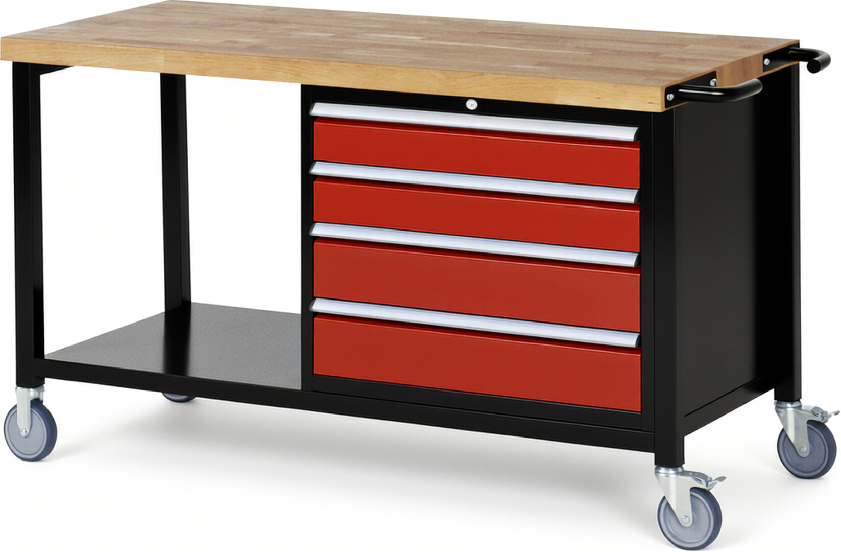 RAU Werkbank schwarz - rot - Breite 150 cm - Tiefe 70 cm - Höhe 88 cm - Buche-Massiv Arbeitsplatte 40 mm