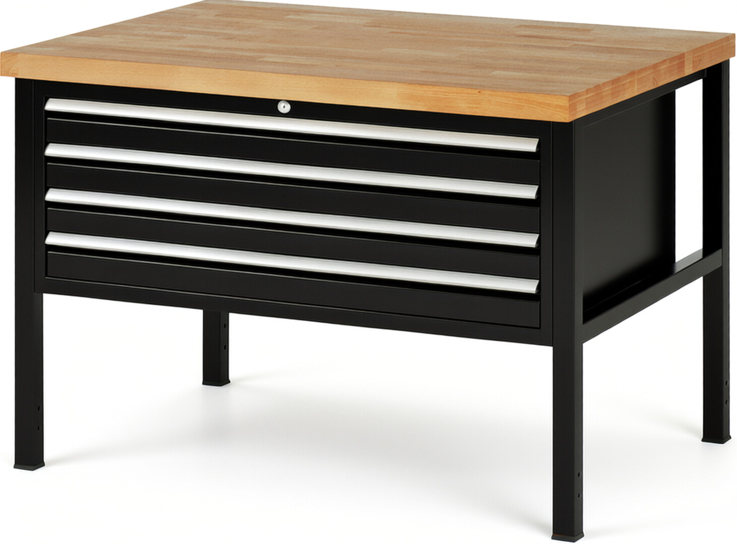 Werkbank Modell 8333 schwarz, BxTxH 1250x900x840 mm,  Buche-Massiv Arbeitsplatte 40 mm,  4 Schubladen mit  Vollauszug 100 % und  SoftClosing