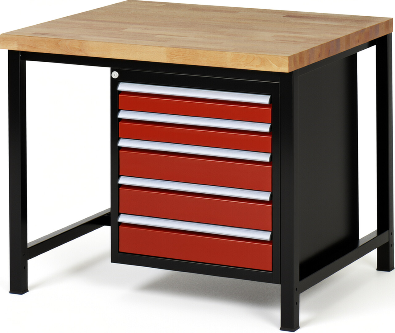 RAU Werkbank schwarz - rot - Breite 100 cm - Tiefe 90 cm - Höhe 104 cm - Buche-Massiv Arbeitsplatte 40 mm