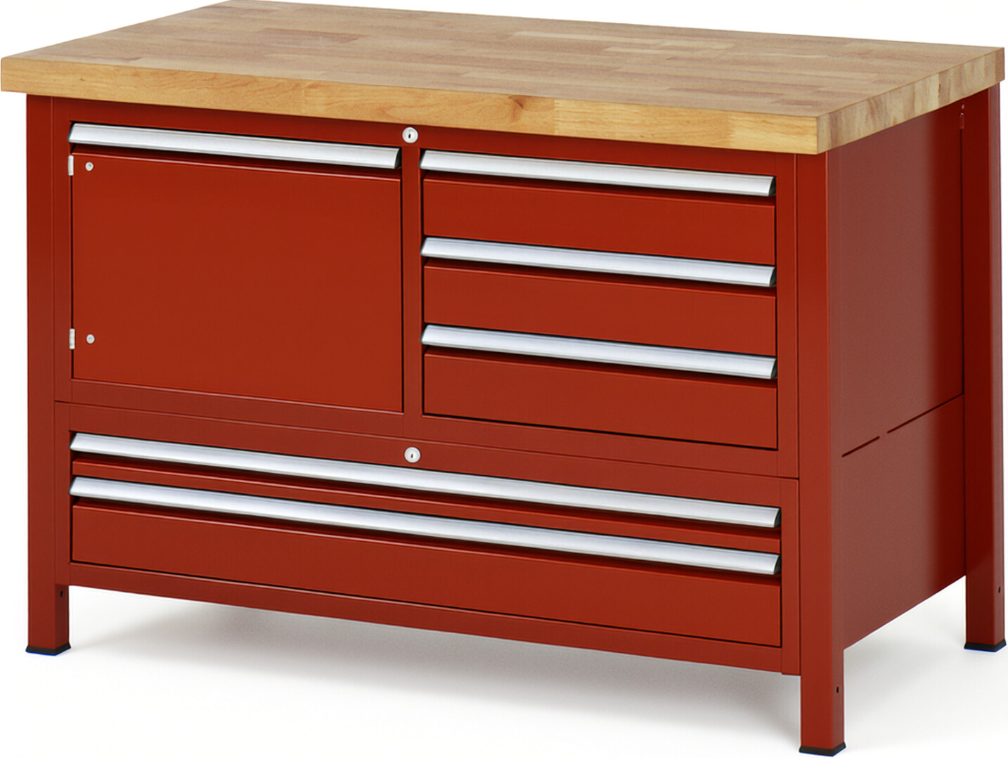Werkbank Modell 8932 rot, BxTxH 1250x700x840 mm,  Buche-Massiv Arbeitsplatte 40 mm,  5 Schubladen mit  Auszug 90 %