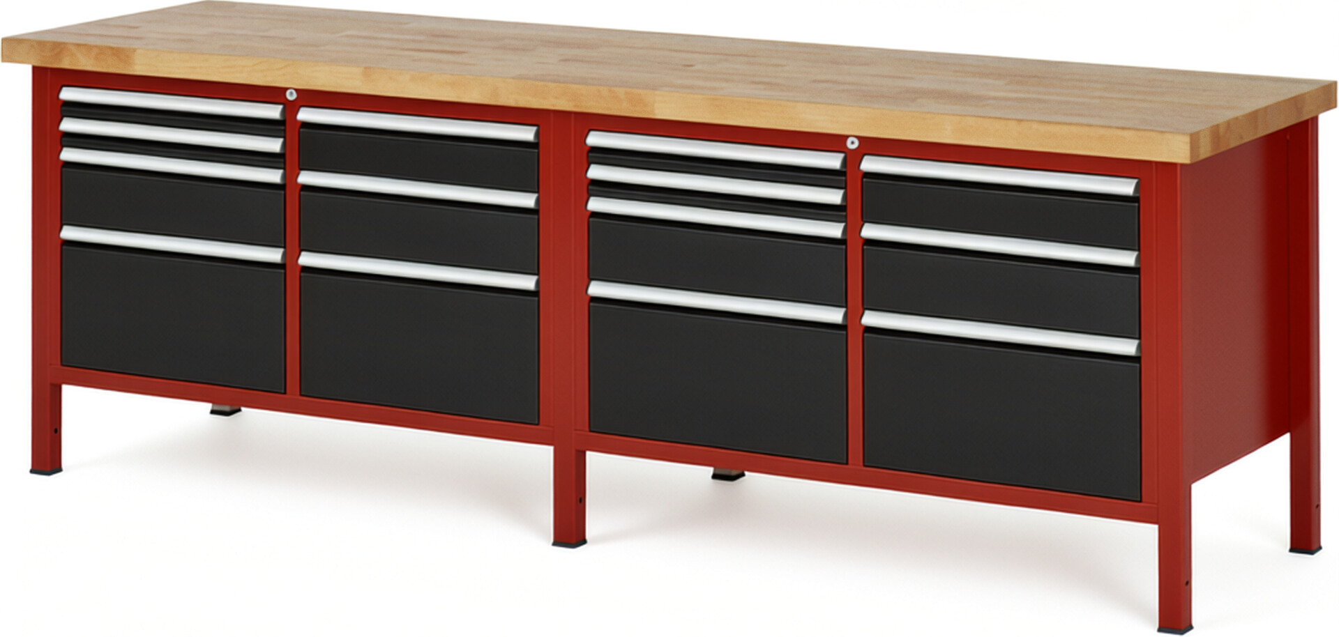 Werkbank Modell 8476 rot - schwarz, BxTxH 2500x700x840 mm,  Buche-Massiv Arbeitsplatte 40 mm,  14 Schubladen mit  Vollauszug 100 % und  SoftClosing