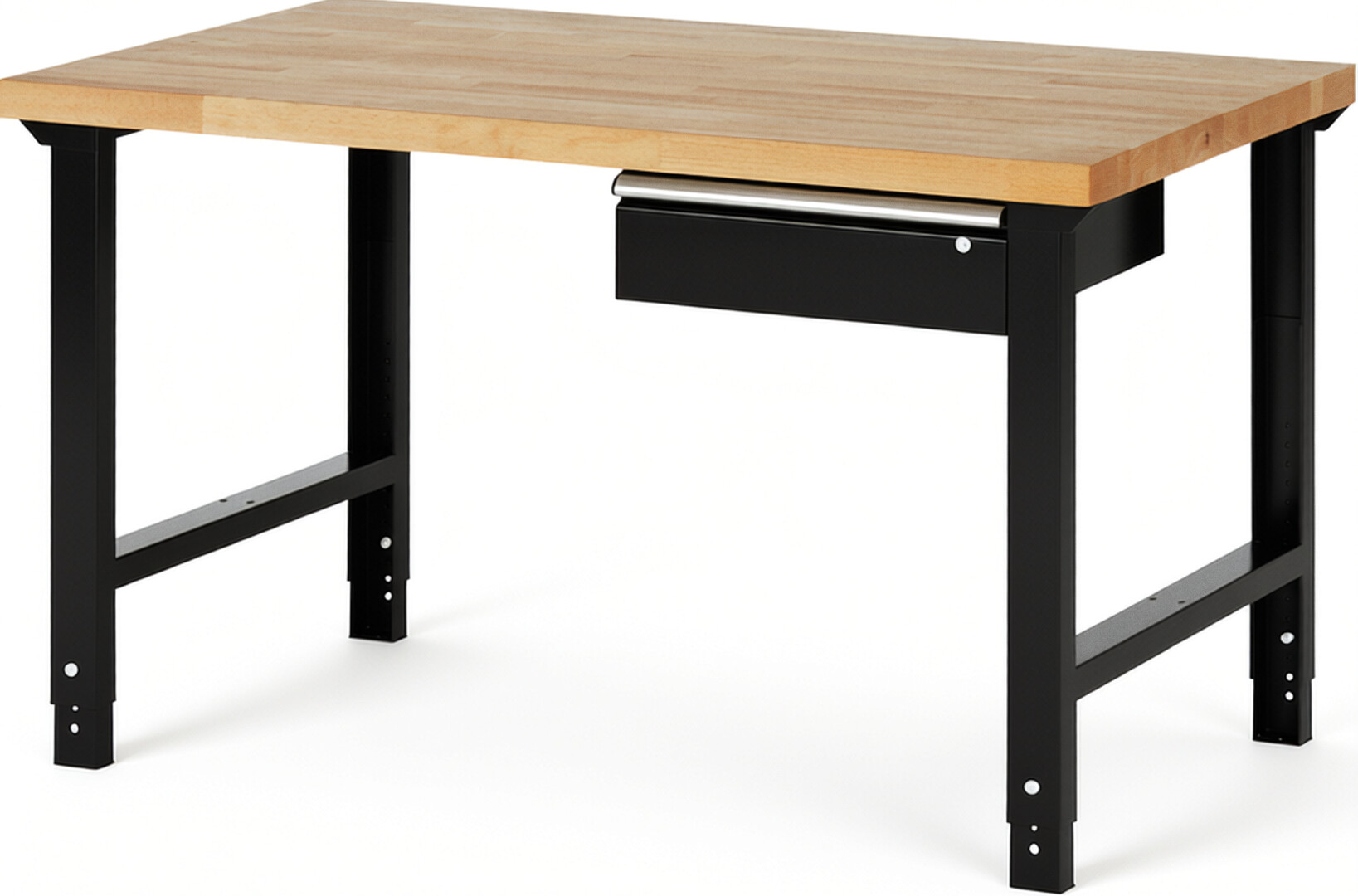 Werkbank Modell 7001 schwarz, BxTxH 1500x900x790-1140 mm,  Buche-Massiv Arbeitsplatte 40 mm,  1 Schublade mit  Auszug 90 %