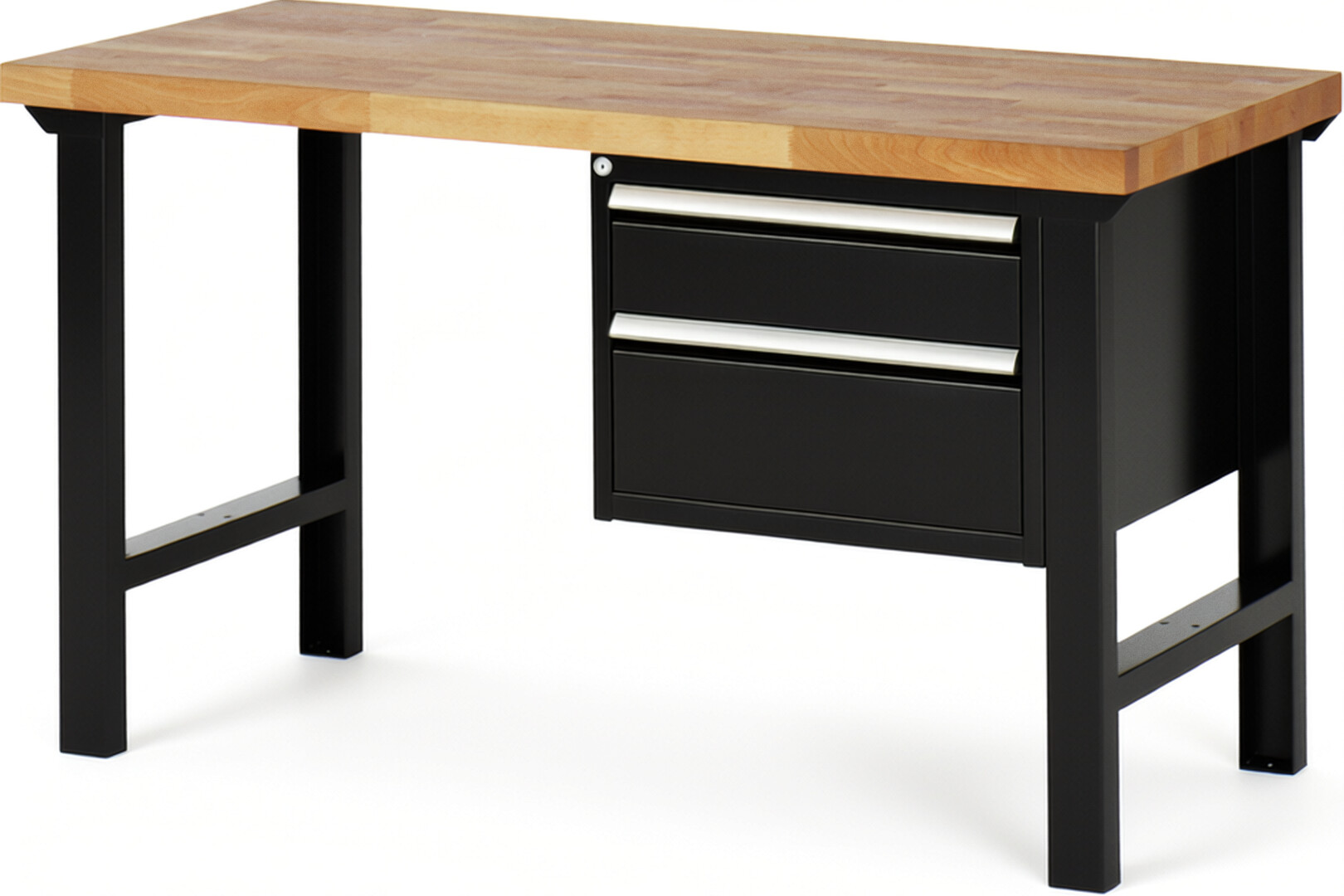 Werkbank Modell 7123 schwarz, BxTxH 1500x700x840 mm,  Buche-Massiv Arbeitsplatte 40 mm,  2 Schubladen mit  Vollauszug 100 % und  SoftClosing