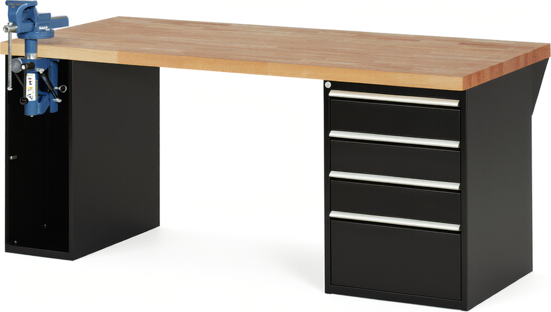 Werkbank Modell 7510 schwarz, BxTxH 2000x900x890 mm,  Buche-Massiv Arbeitsplatte 40 mm,  4 Schubladen mit  Auszug 90 %