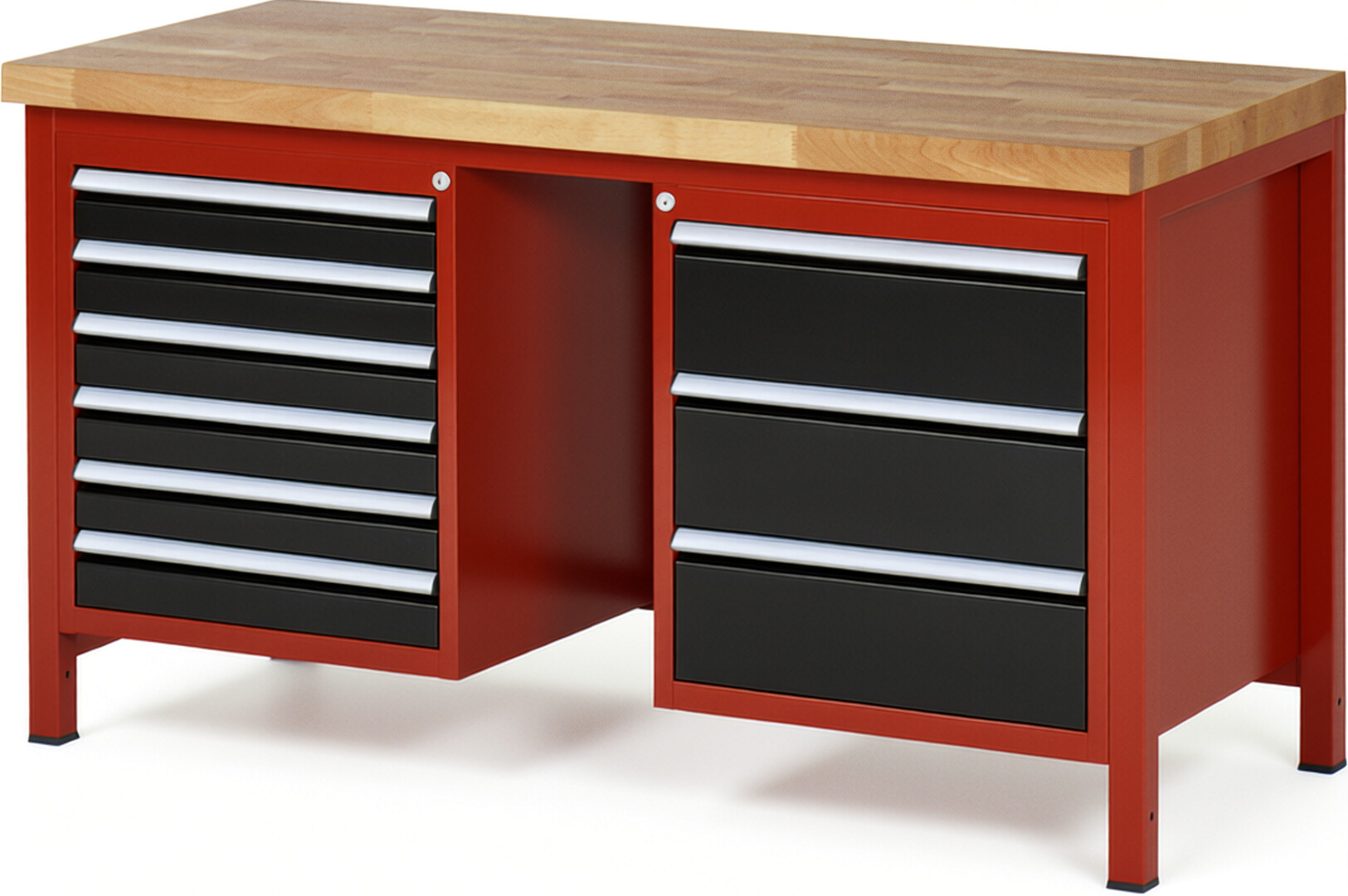 Werkbank Modell 8183 rot - schwarz, BxTxH 1500x700x840-1040 mm,  Buche-Massiv Arbeitsplatte 40 mm,  9 Schubladen mit  Auszug 90 %