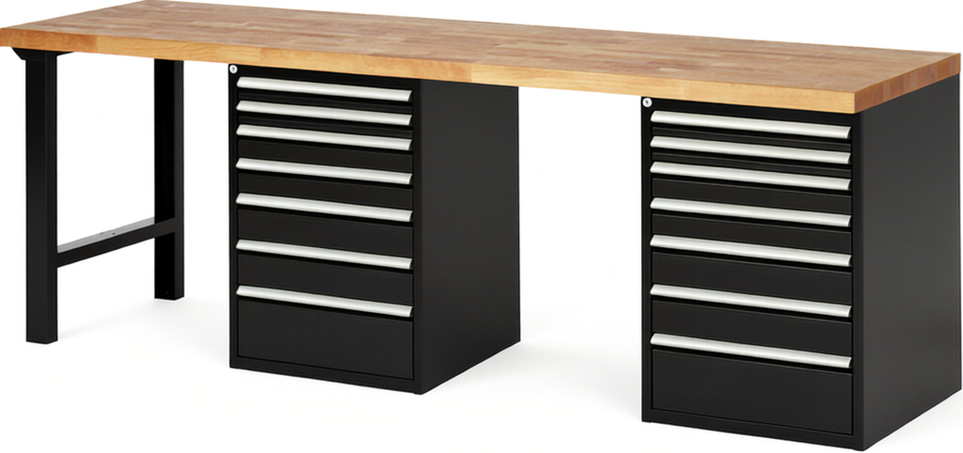 Werkbank Modell 7517 schwarz, BxTxH 2500x700x840 mm,  Buche-Massiv Arbeitsplatte 40 mm,  14 Schubladen mit  Auszug 90 %