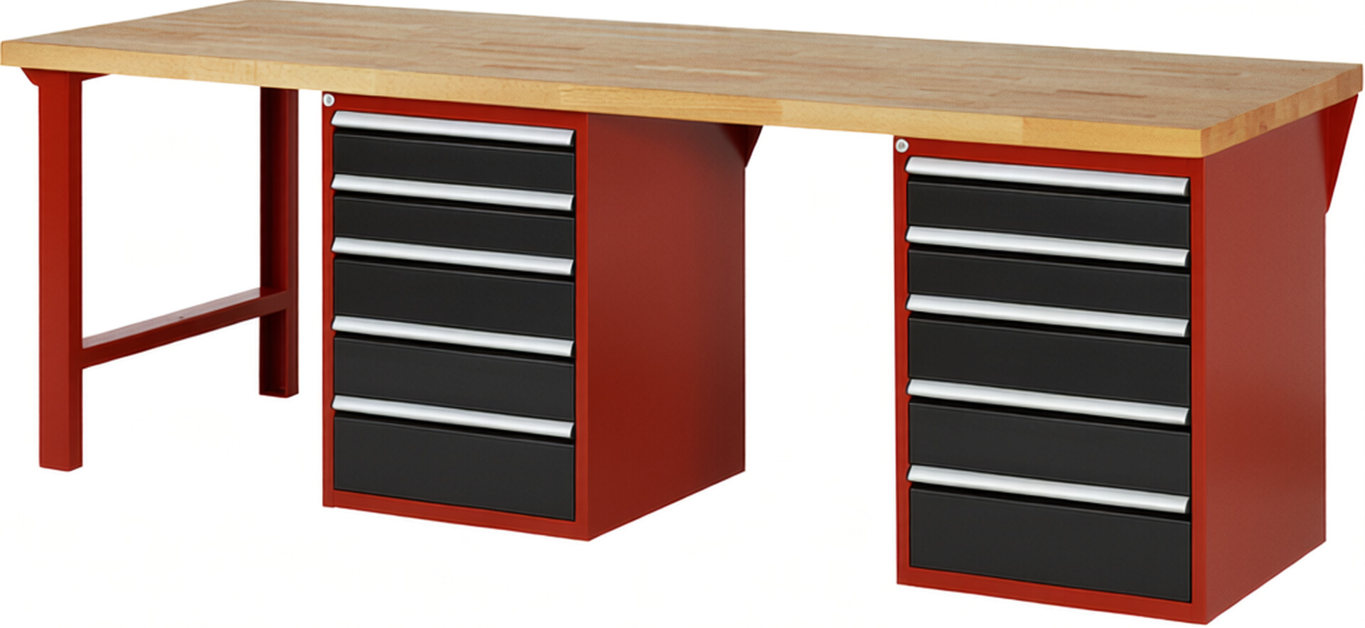 Werkbank Modell 7513 rot - schwarz, BxTxH 2500x900x840 mm,  Buche-Massiv Arbeitsplatte 40 mm,  10 Schubladen mit  Vollauszug 100 % und  SoftClosing