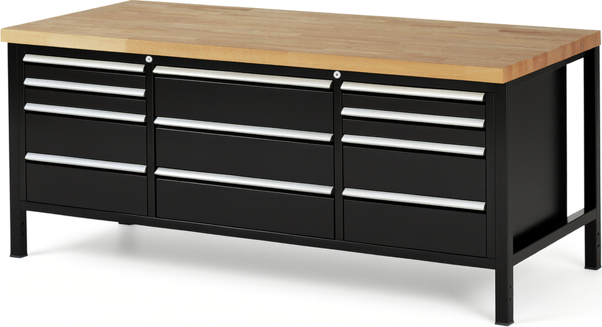 Werkbank Modell 8757 schwarz, BxTxH 2000x900x840-1040 mm,  Buche-Massiv Arbeitsplatte 40 mm,  11 Schubladen mit  Vollauszug 100 % und  SoftClosing