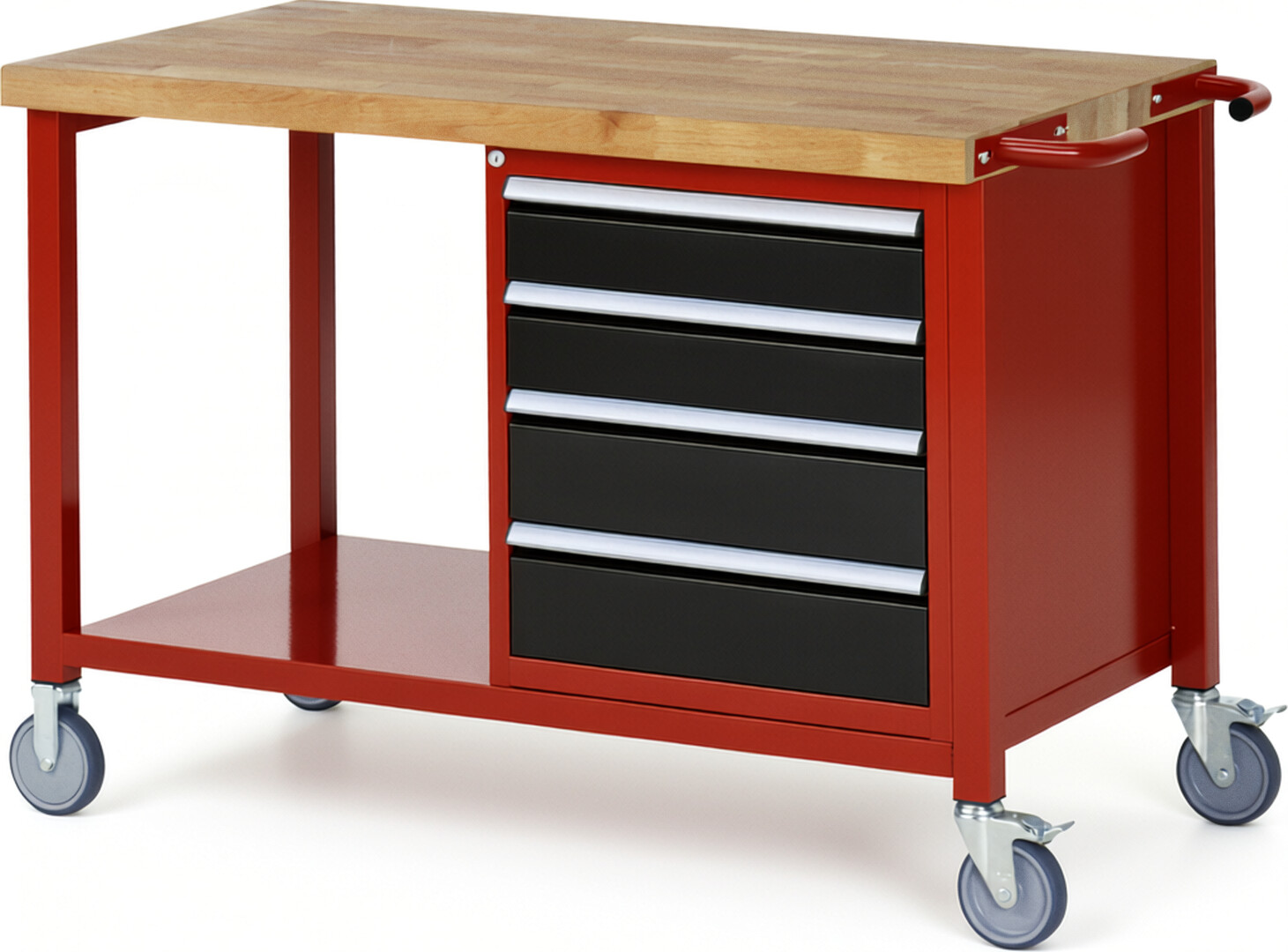 Fahrbare Werkbank Modell 8162 rot - schwarz, BxTxH 1250x700x880 mm,  Buche-Massiv Arbeitsplatte 40 mm,  4 Schubladen mit  Auszug 90 %