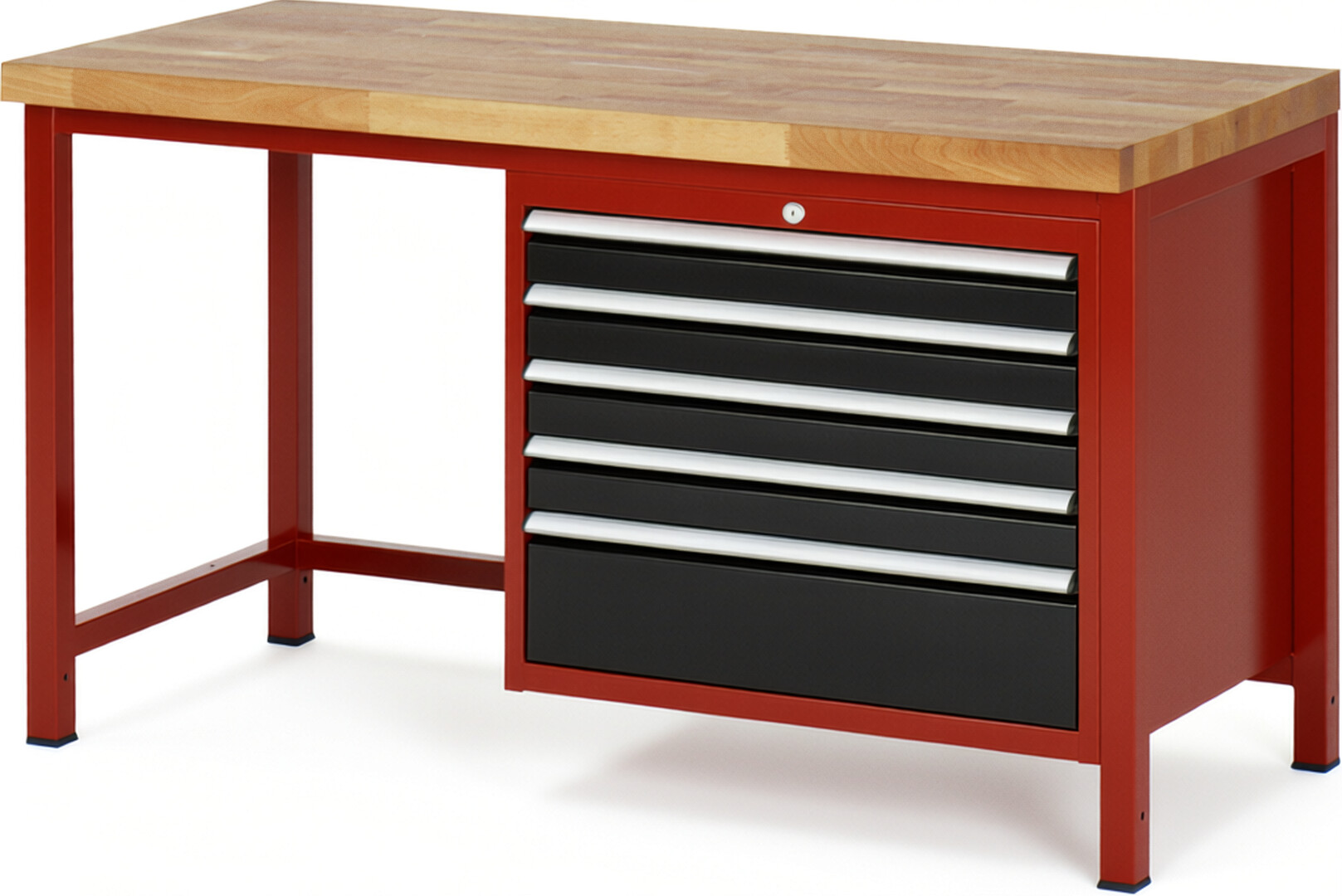 Werkbank Modell 8268 rot - schwarz, BxTxH 1500x700x840 mm,  Buche-Massiv Arbeitsplatte 40 mm,  5 Schubladen mit  Vollauszug 100 % und  SoftClosing