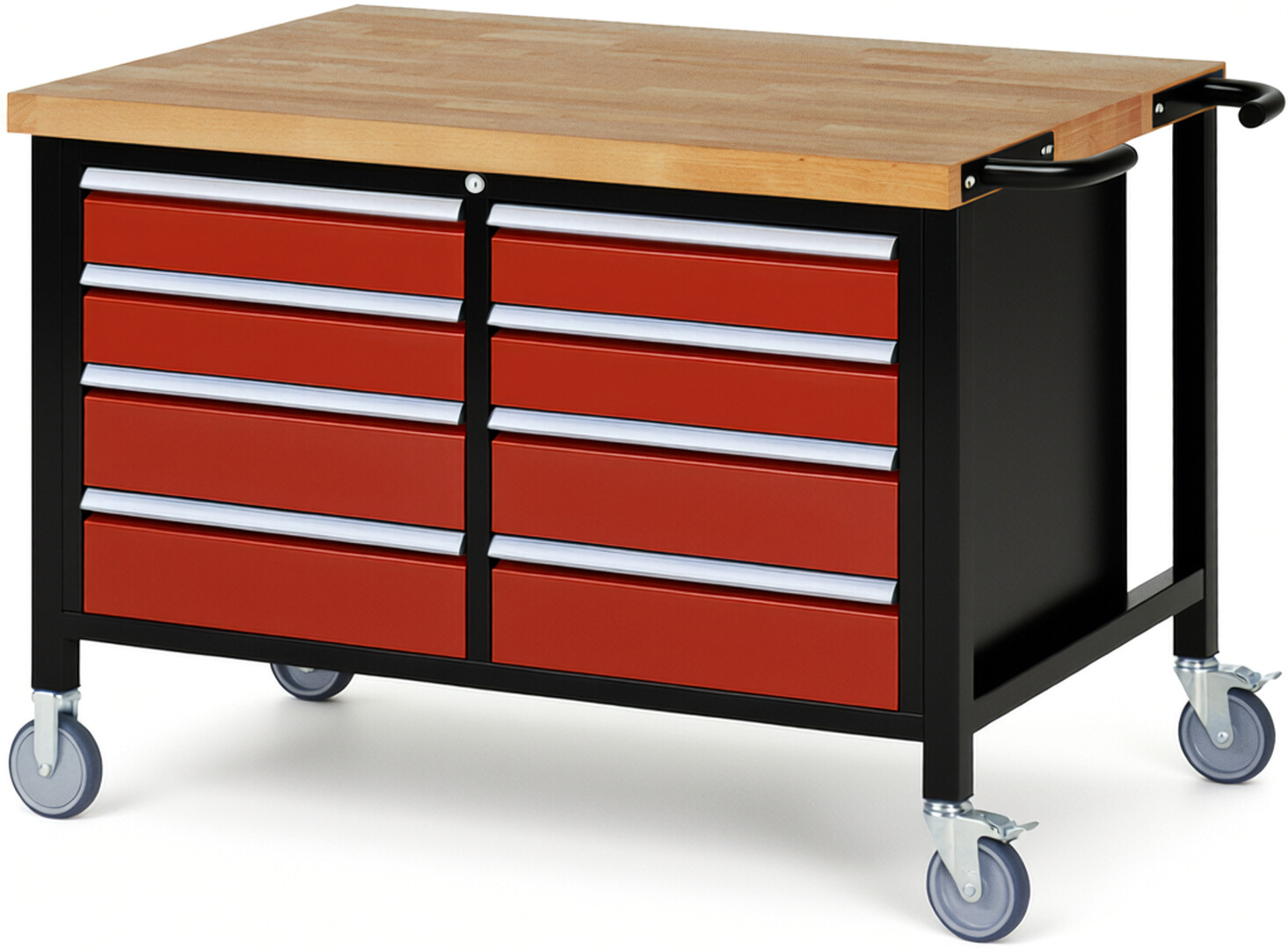 RAU Werkbank schwarz - rot - Breite 125 cm - Tiefe 90 cm - Höhe 108 cm - Buche-Massiv Arbeitsplatte 40 mm