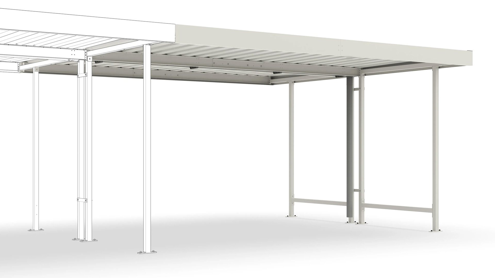 Fahrradunterstand, Überdachung, Modell Leipzig, doppelseitig, Anbaueinheit, Profilblech RAL 9002, BxTxH 4300x4400x2350 mm