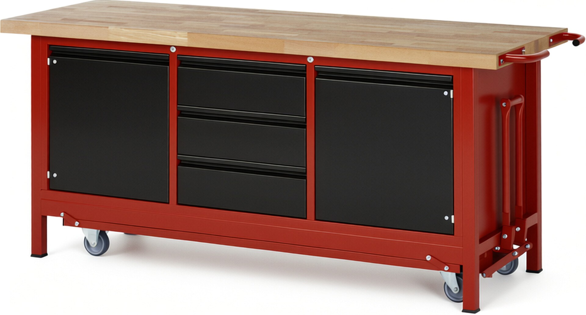 Absenkbare Werkbank - Modell 8569 BASIC rot - schwarz, BxTxH 2000x700x880 mm,  Buche-Massiv Arbeitsplatte 40 mm,  3 Schubladen mit  Auszug 90 %