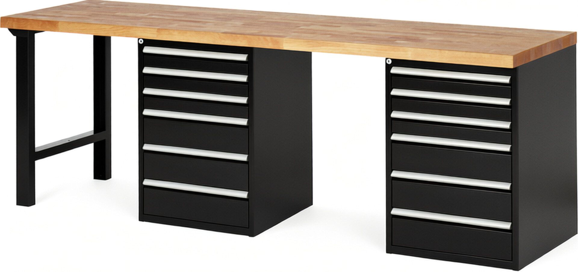 Werkbank Modell 7515 schwarz, BxTxH 2500x700x890 mm,  Buche-Massiv Arbeitsplatte 40 mm,  12 Schubladen mit  Vollauszug 100 % und  SoftClosing