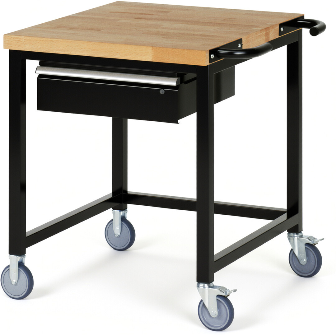 Fahrbare Werkbank Modell 8001 schwarz, BxTxH 750x900x880-1080 mm,  Buche-Massiv Arbeitsplatte 40 mm,  1 Schublade mit  Auszug 90 %
