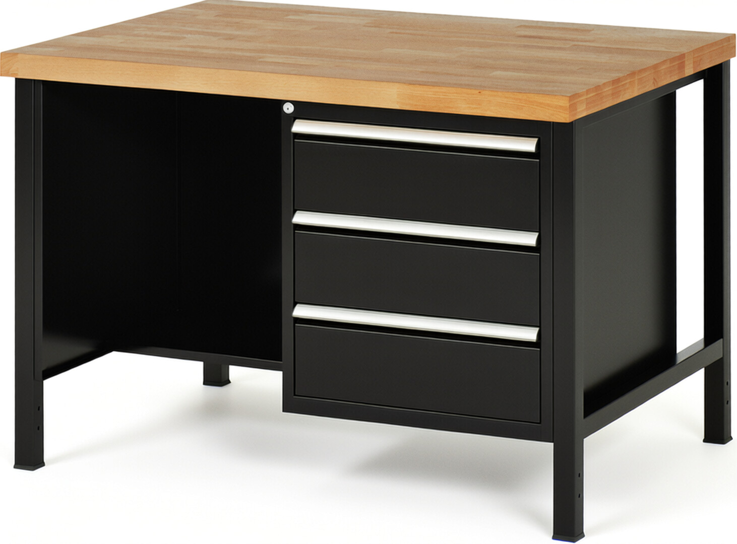 Werkbank Modell 8452 schwarz, BxTxH 1250x900x840 mm,  Buche-Massiv Arbeitsplatte 40 mm,  3 Schubladen mit  Vollauszug 100 % und  SoftClosing