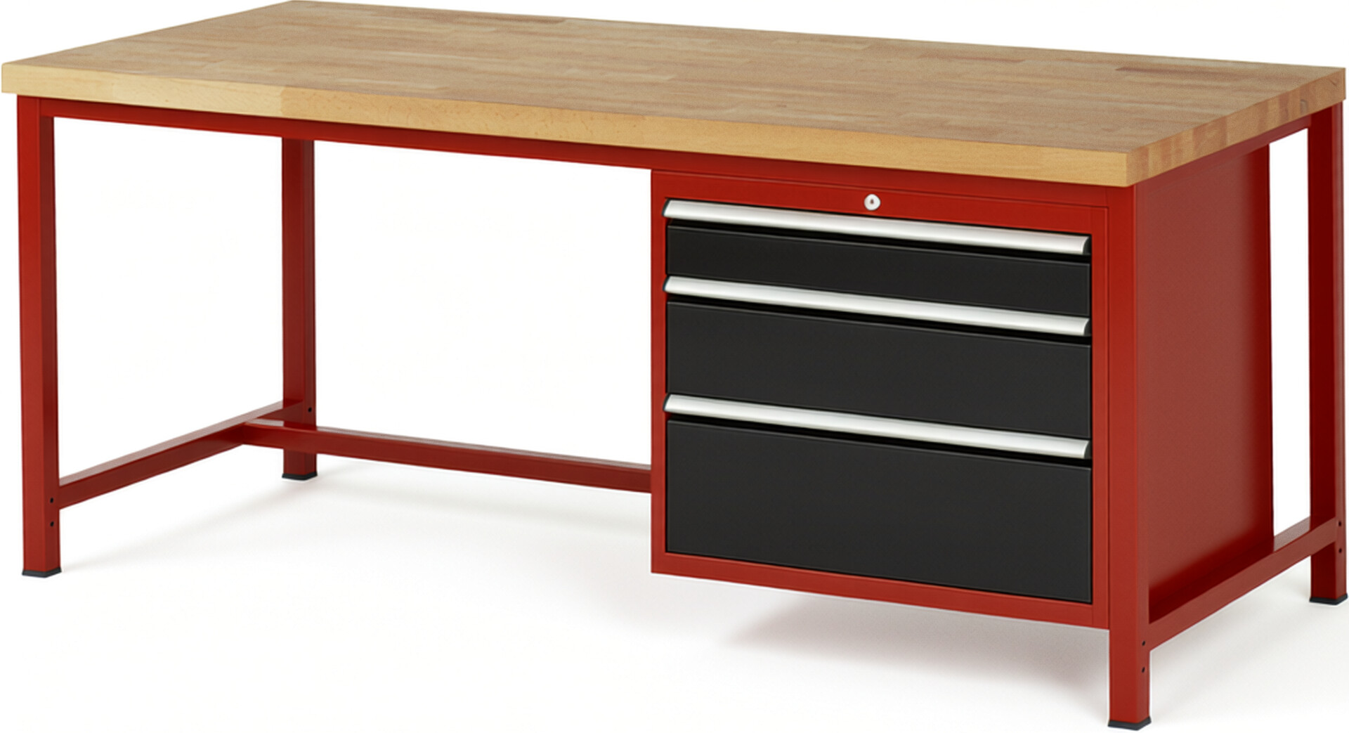 Werkbank Modell 8259 rot - schwarz, BxTxH 2000x900x840 mm,  Buche-Massiv Arbeitsplatte 40 mm,  3 Schubladen mit  Auszug 90 %