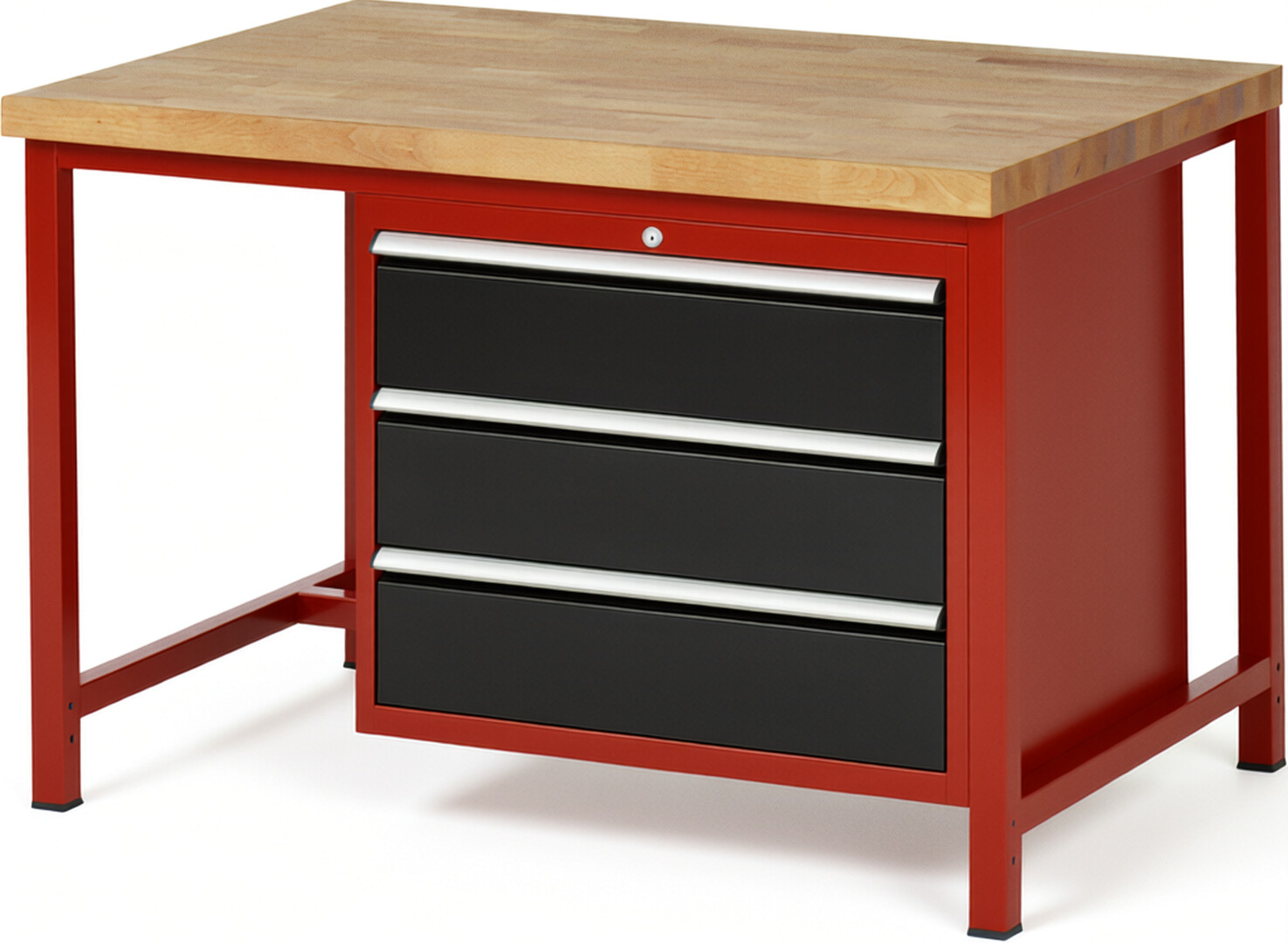 Werkbank Modell 8257 rot - schwarz, BxTxH 1250x900x840 mm,  Buche-Massiv Arbeitsplatte 40 mm,  3 Schubladen mit  Vollauszug 100 % und  SoftClosing