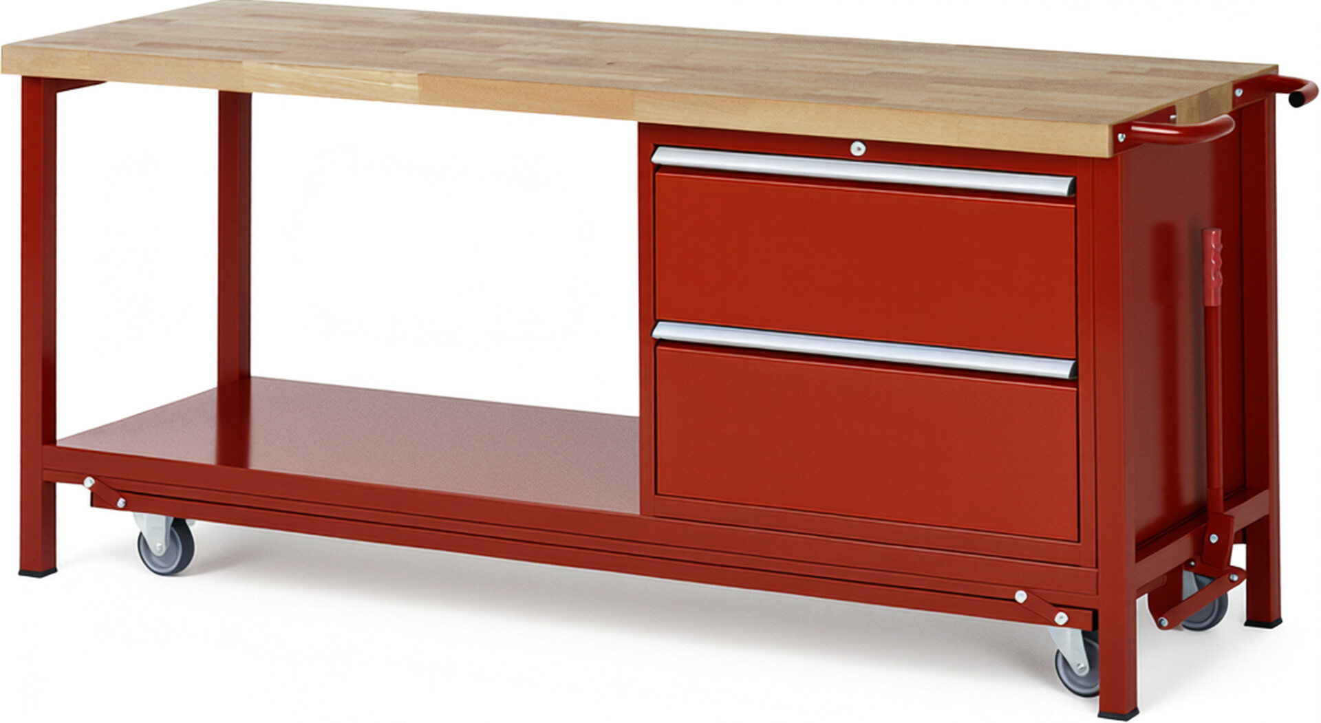 Absenkbare Werkbank Modell 8255 rot, BxTxH 2000x700x880 mm,  Buche-Massiv Arbeitsplatte 40 mm,  2 Schubladen mit  Auszug 90 %