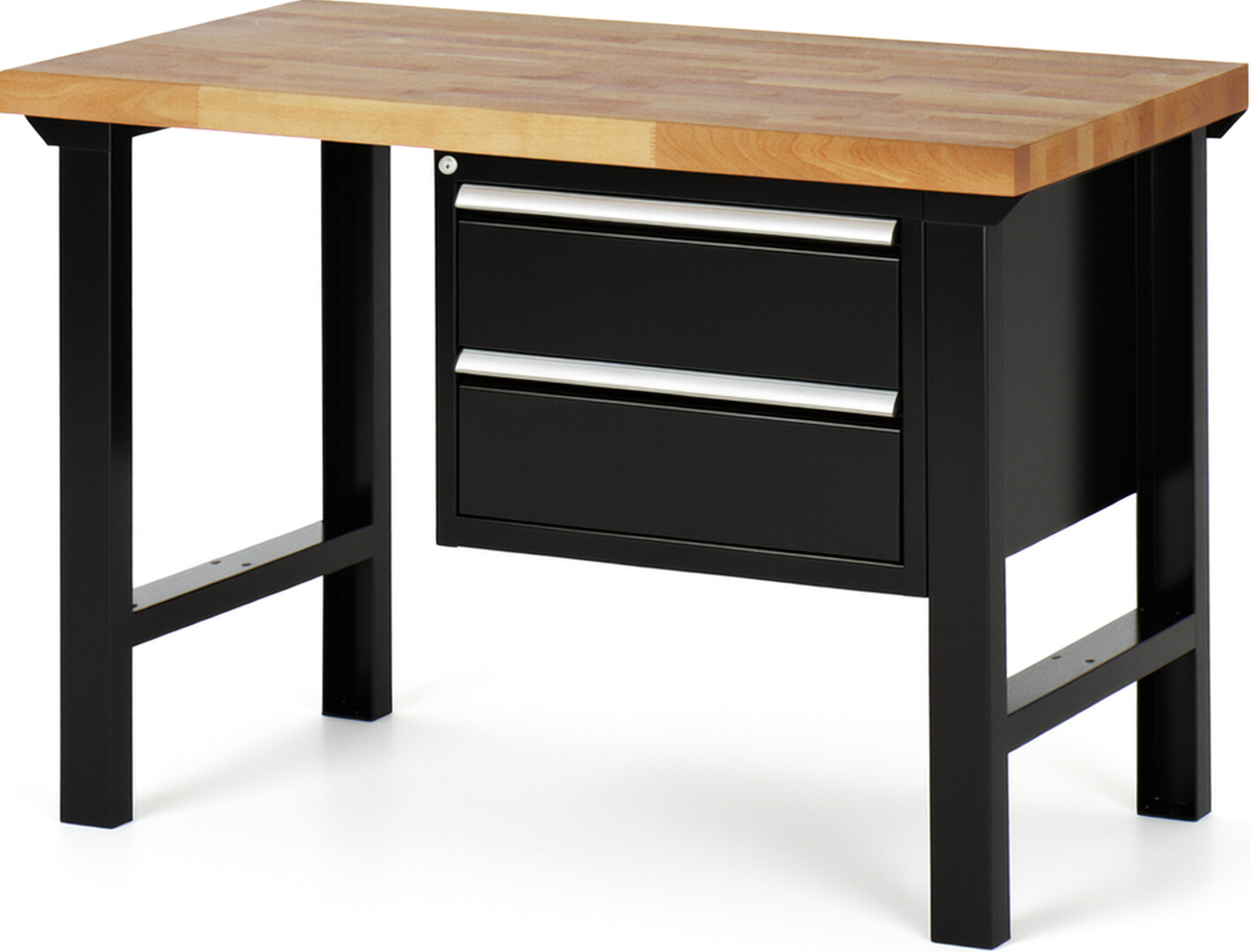 Werkbank Modell 7125 schwarz, BxTxH 1250x700x840 mm,  Buche-Massiv Arbeitsplatte 40 mm,  2 Schubladen mit  Auszug 90 %