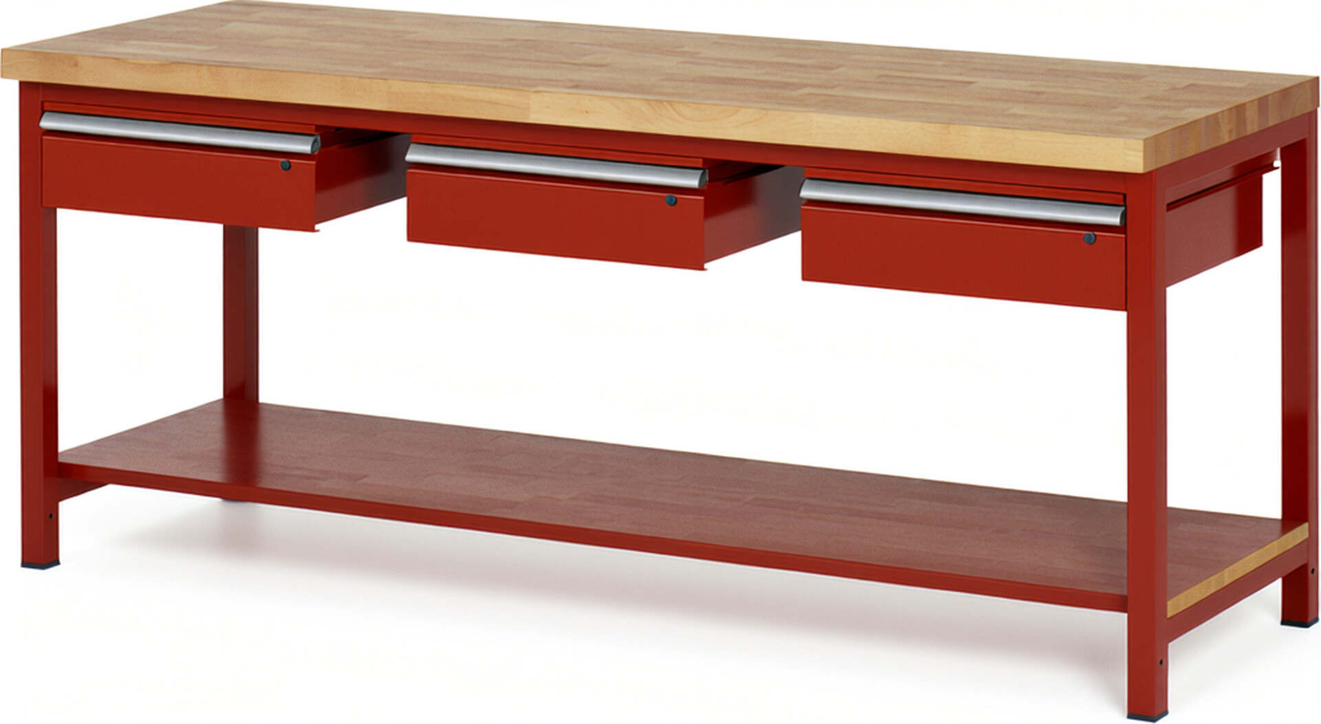 Werkbank Modell 8003 rot, BxTxH 2000x700x840-1040 mm,  Buche-Massiv Arbeitsplatte 40 mm,  3 Schubladen mit  Auszug 90 %