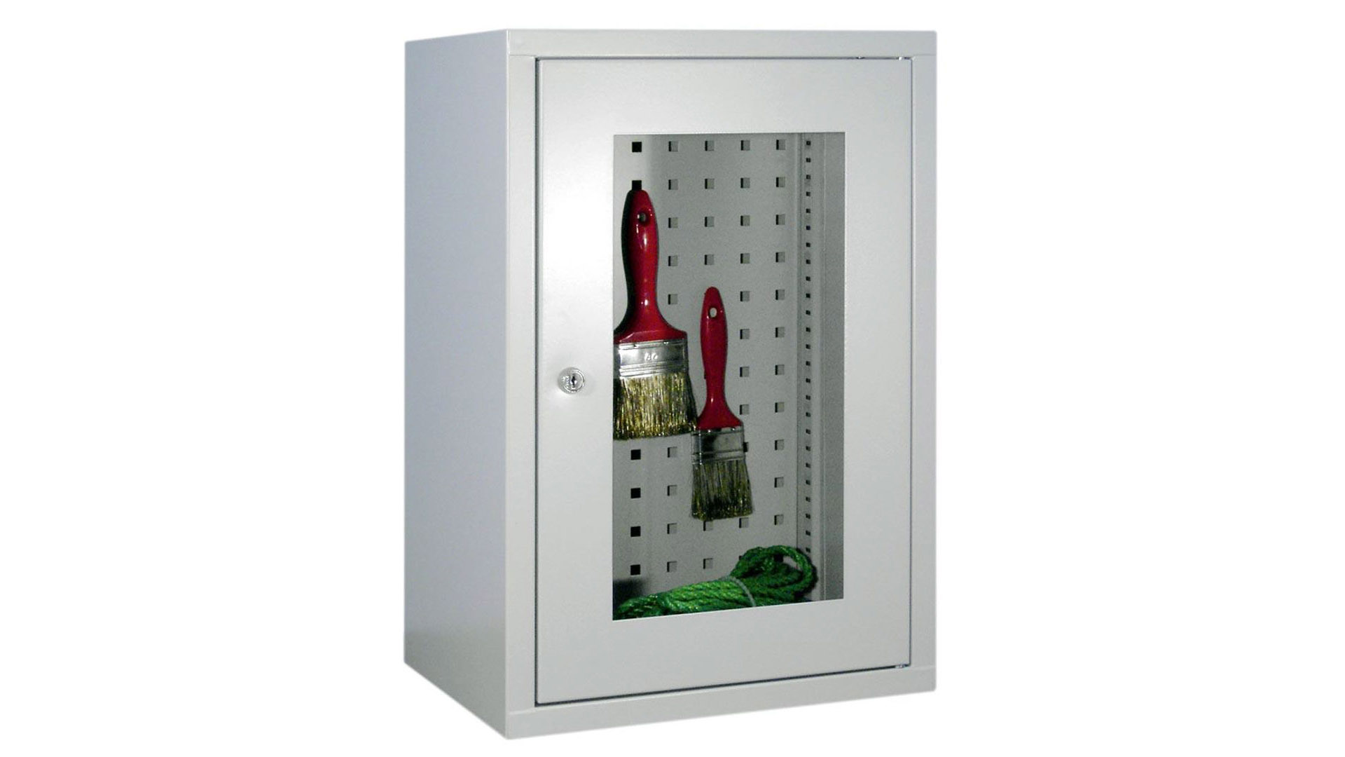 Hängeschrank aus Stahl - 1 Sichtfenstertür - Rückwand gelocht - 600x400x300 mm (HxBxT) - lichtgrau