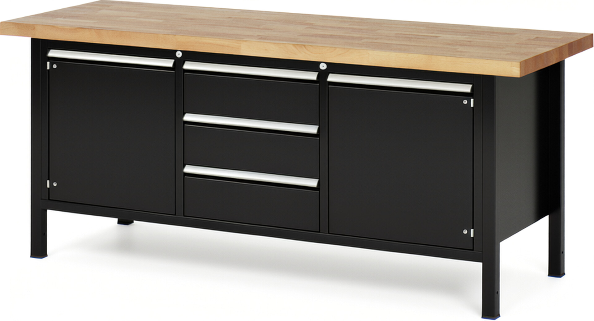 Werkbank Modell 8569 schwarz, BxTxH 2000x700x840-1040 mm,  Buche-Massiv Arbeitsplatte 40 mm,  3 Schubladen mit  Auszug 90 %