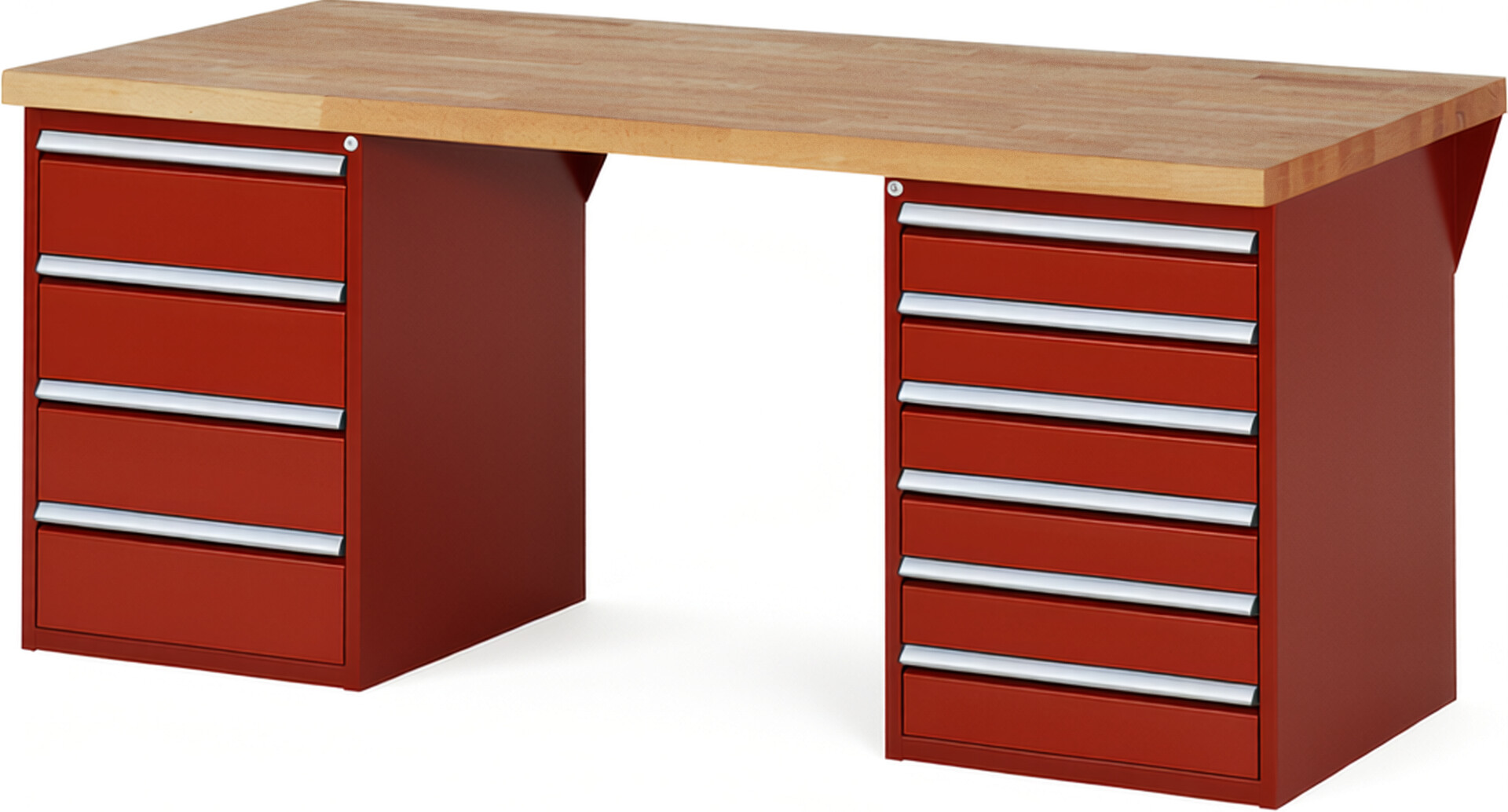 Werkbank Modell 7821 rot, BxTxH 2000x900x890 mm,  Buche-Massiv Arbeitsplatte 40 mm,  10 Schubladen mit  Auszug 90 %