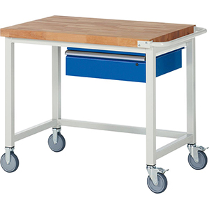 Fahrbare Werkbank, BxTxH 1000x700x880 mm, 1 Schublade 150 mm, Platte Buche 40 mm, RAL 7035/5010