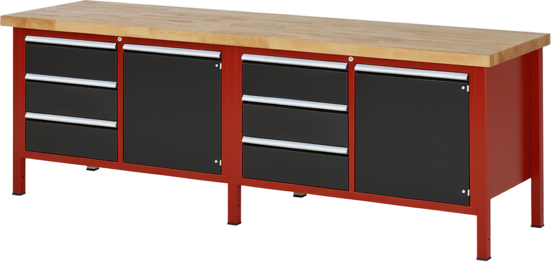 Werkbank Modell 8468 rot - schwarz, BxTxH 2500x700x840 mm,  Buche-Massiv Arbeitsplatte 40 mm,  6 Schubladen mit  Auszug 90 %