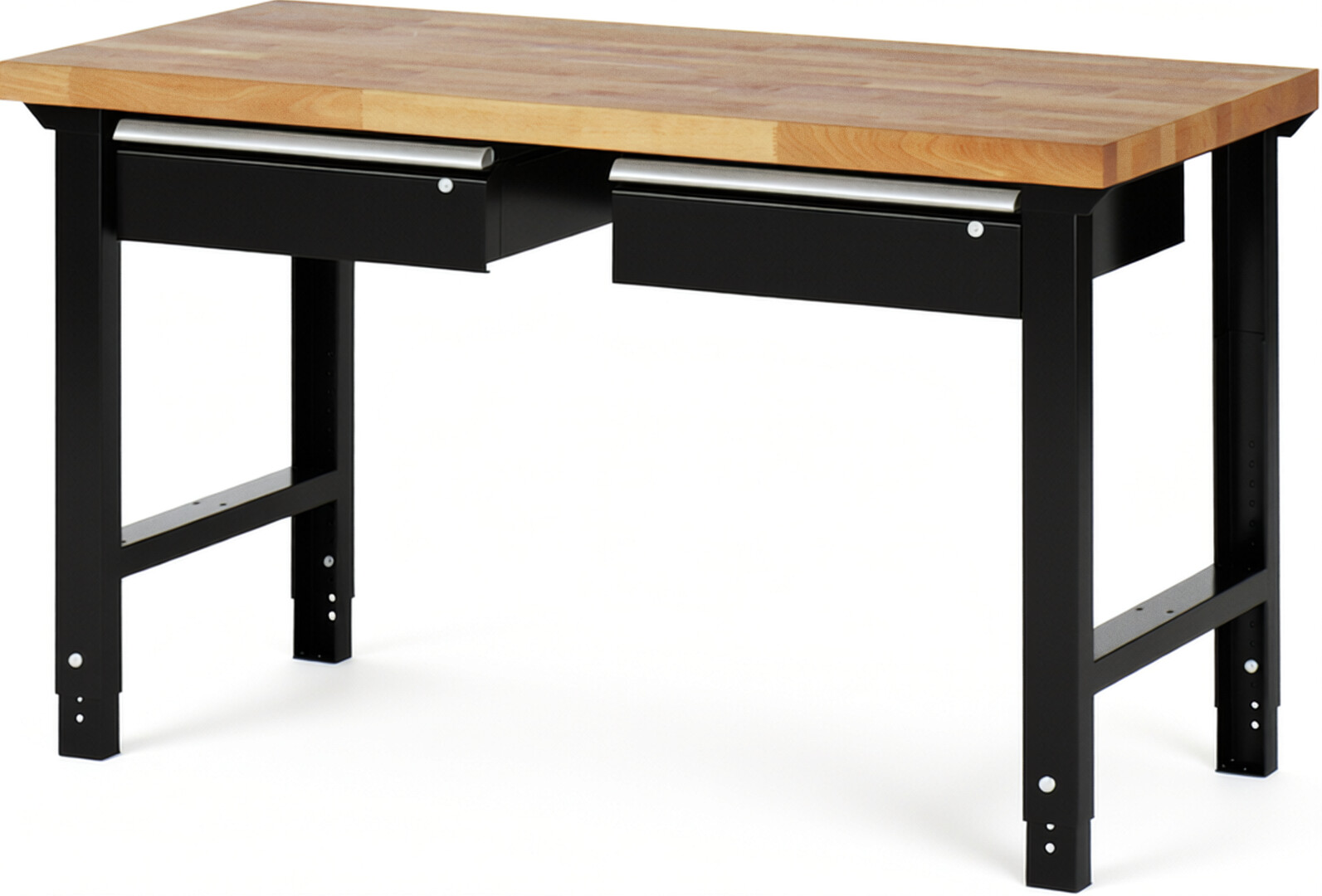 Werkbank Modell 7002 schwarz, BxTxH 1500x700x790-1140 mm,  Buche-Massiv Arbeitsplatte 40 mm,  2 Schubladen mit  Auszug 90 %