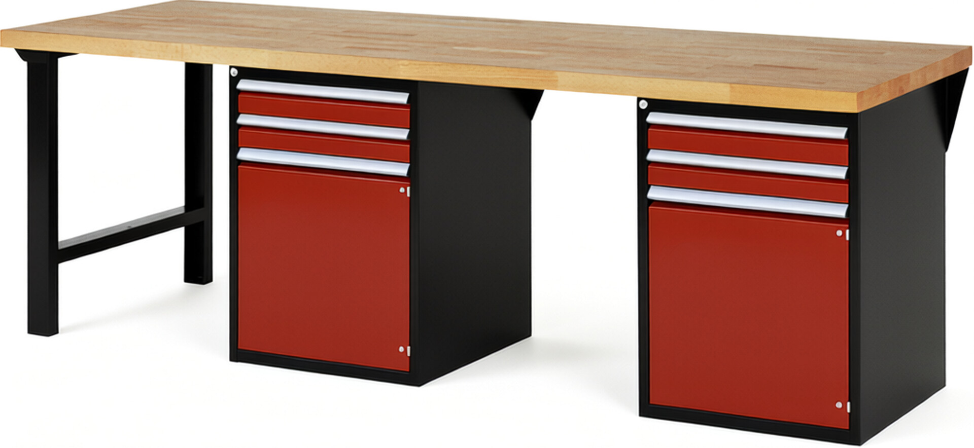 RAU Werkbank schwarz - rot - Breite 250 cm - Tiefe 90 cm - Höhe 89 cm - Buche-Massiv Arbeitsplatte 40 mm