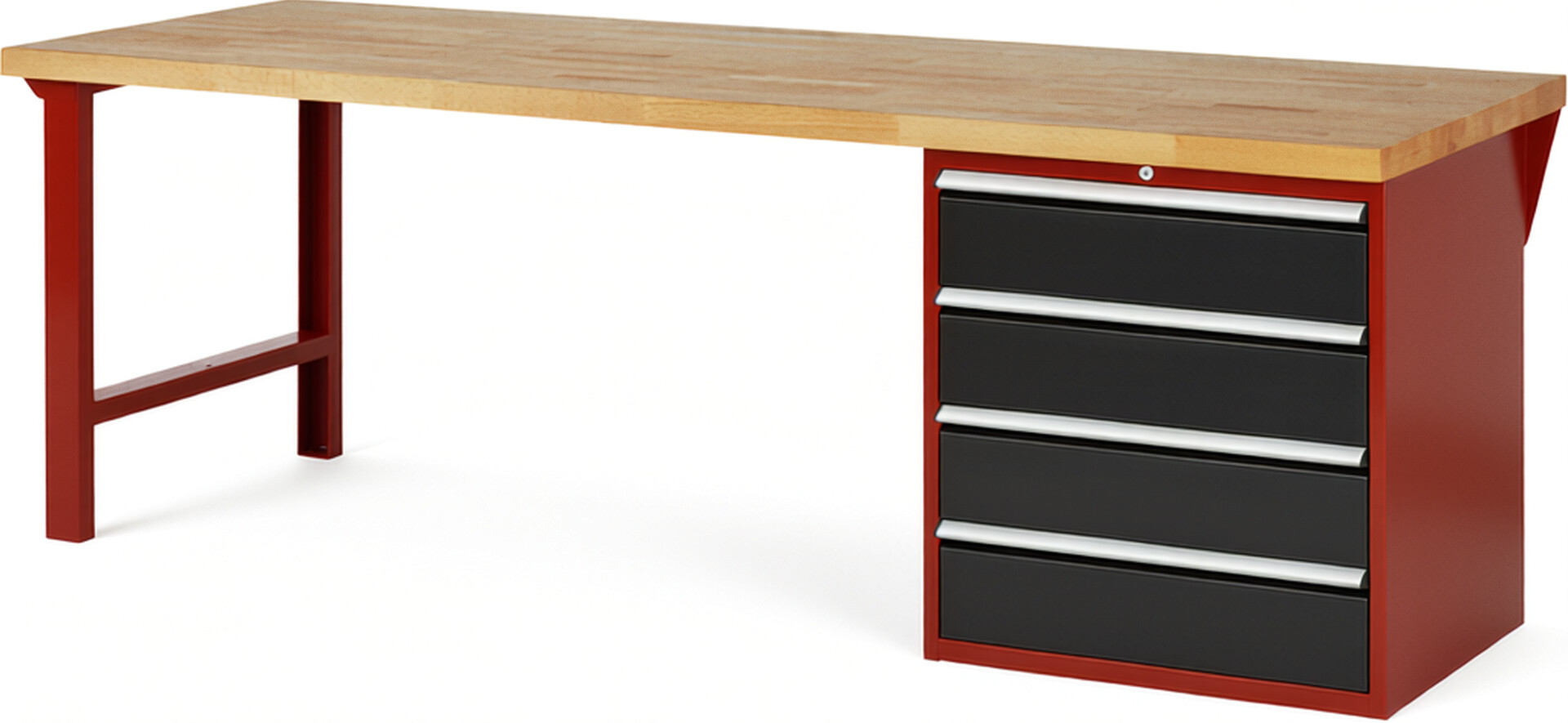 Werkbank Modell 7609 rot - schwarz, BxTxH 2500x900x890 mm,  Buche-Massiv Arbeitsplatte 40 mm,  4 Schubladen mit  Vollauszug 100 % und  SoftClosing
