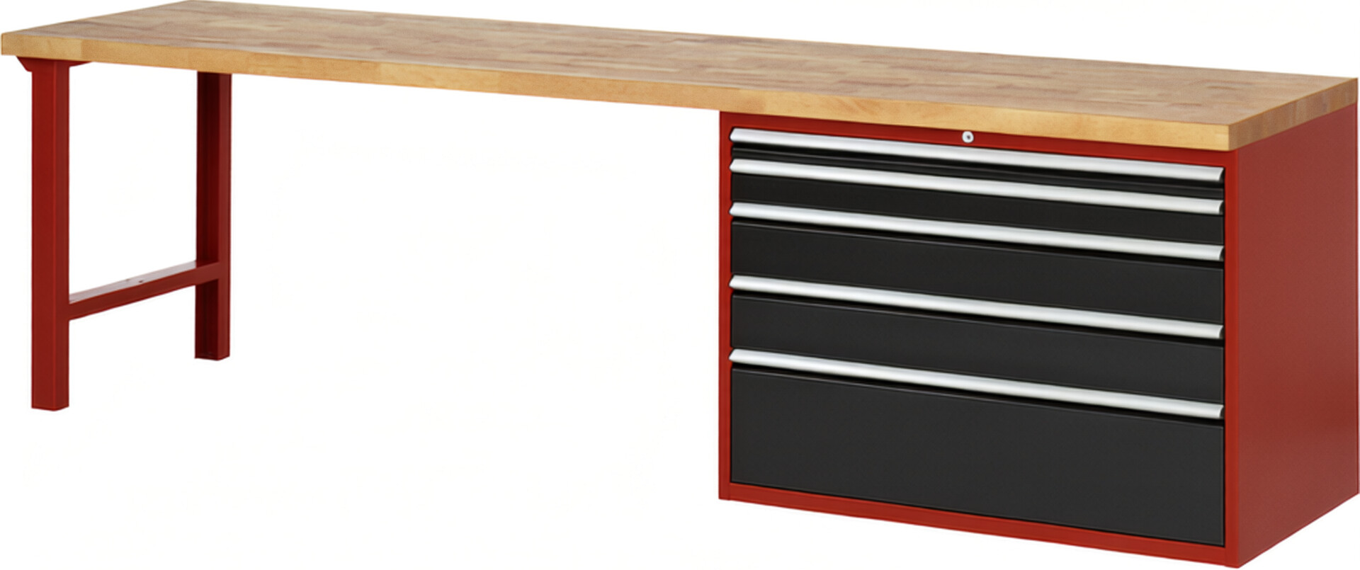 Werkbank Modell 7711 rot - schwarz, BxTxH 3000x700x890 mm,  Buche-Massiv Arbeitsplatte 40 mm,  5 Schubladen mit  Vollauszug 100 % und  SoftClosing